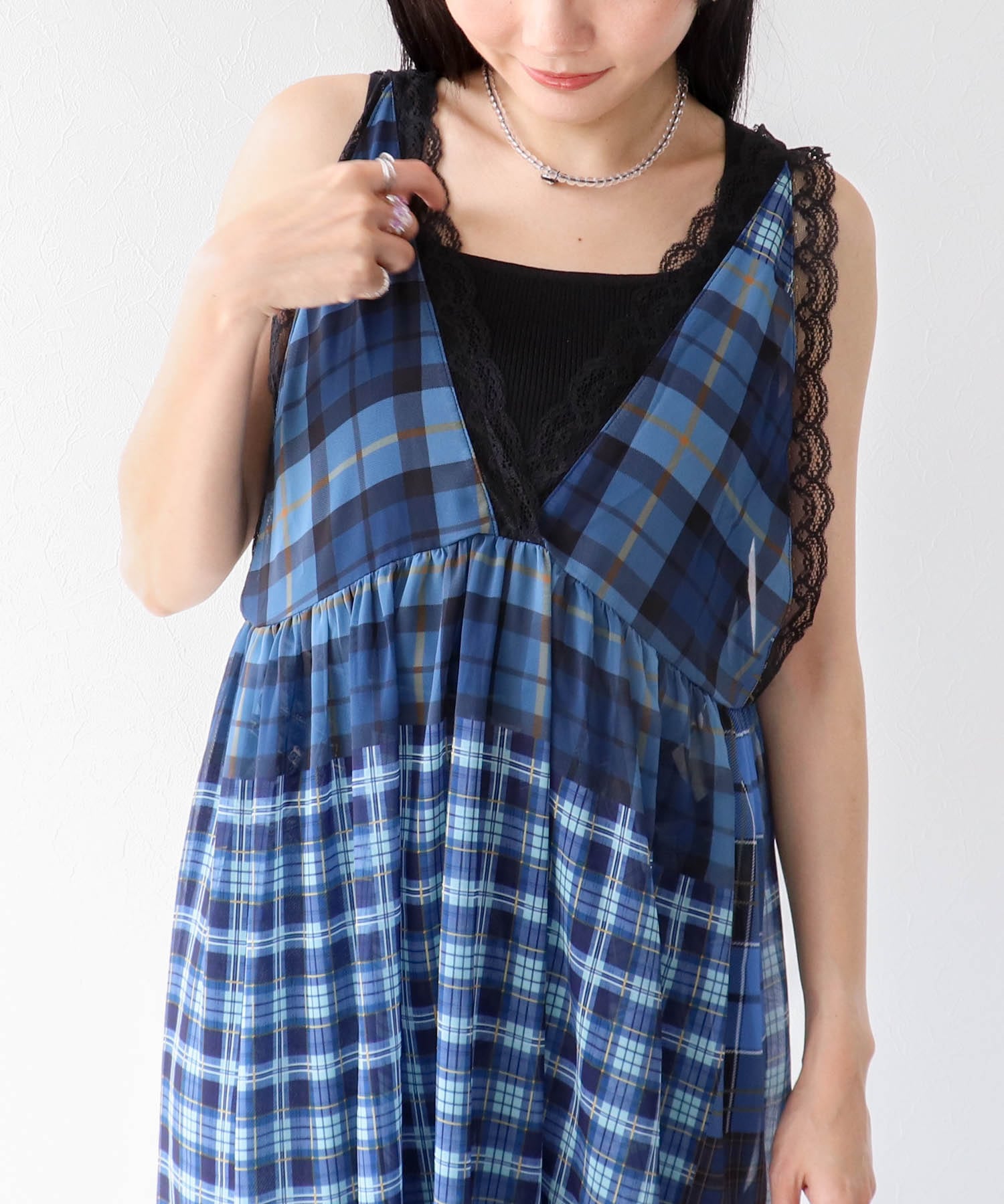 〔お家で試着〕ランダムチェック柄レイヤードワンピース
