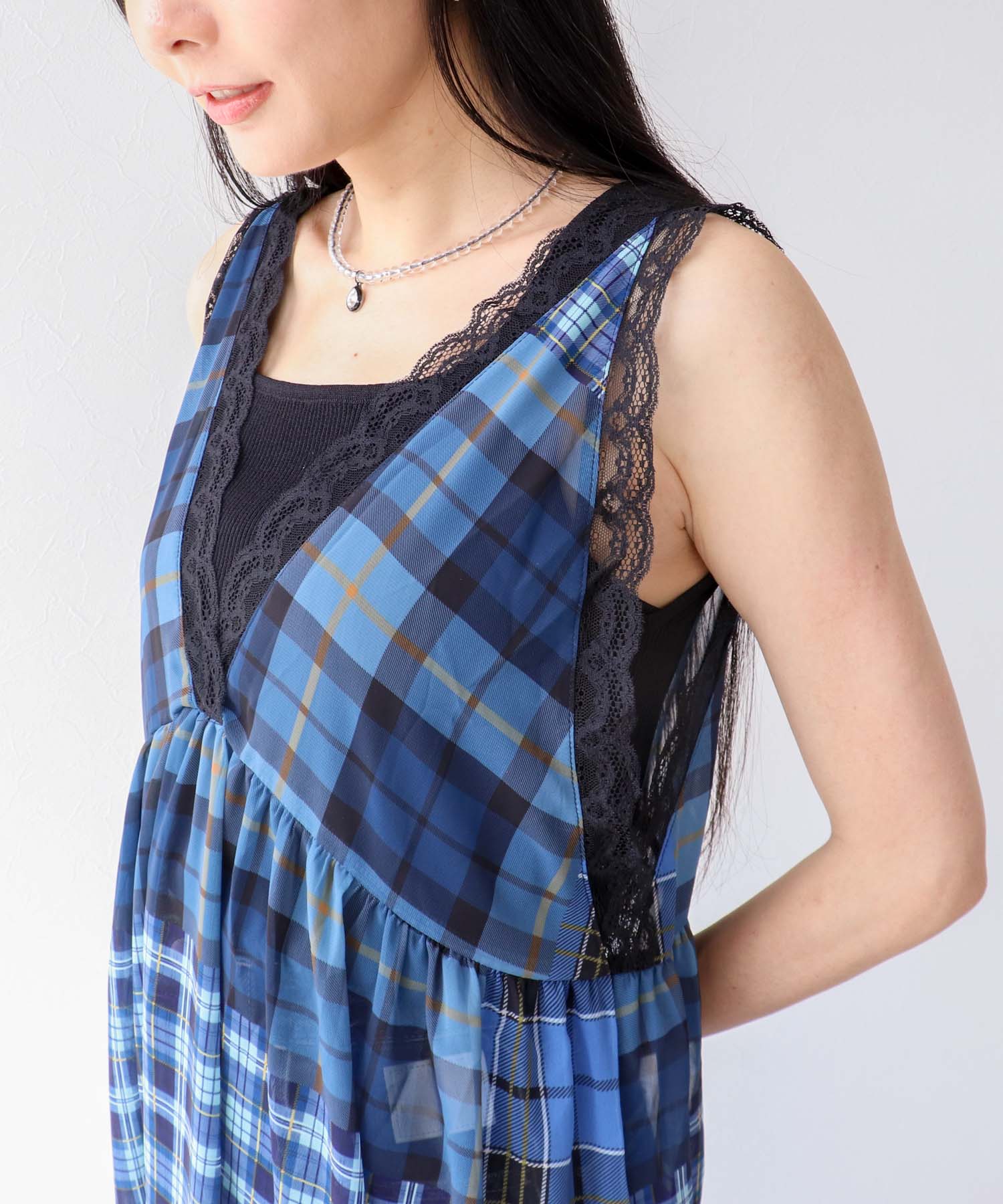 〔お家で試着〕ランダムチェック柄レイヤードワンピース