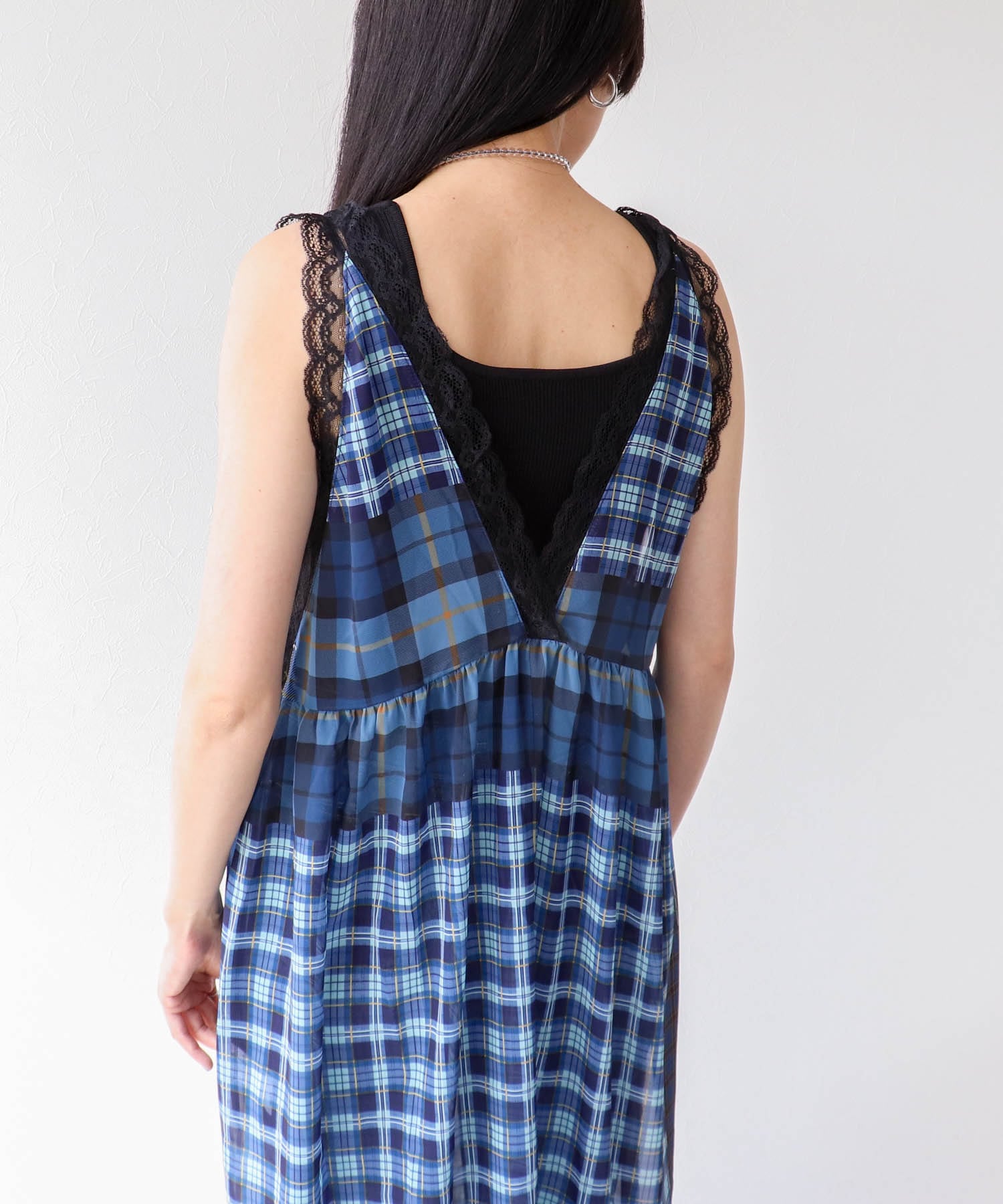 〔お家で試着〕ランダムチェック柄レイヤードワンピース