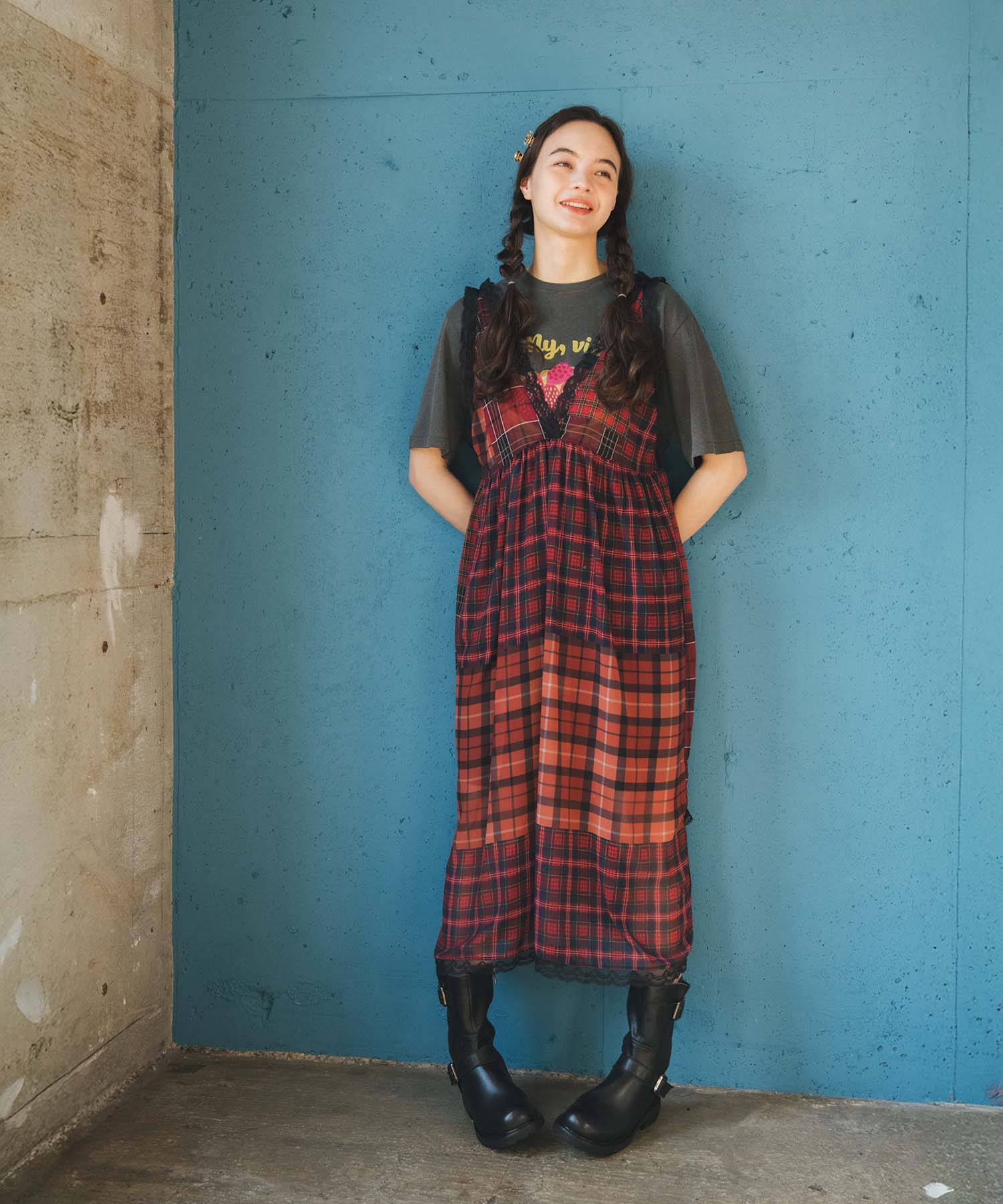 〔お家で試着〕ランダムチェック柄レイヤードワンピース