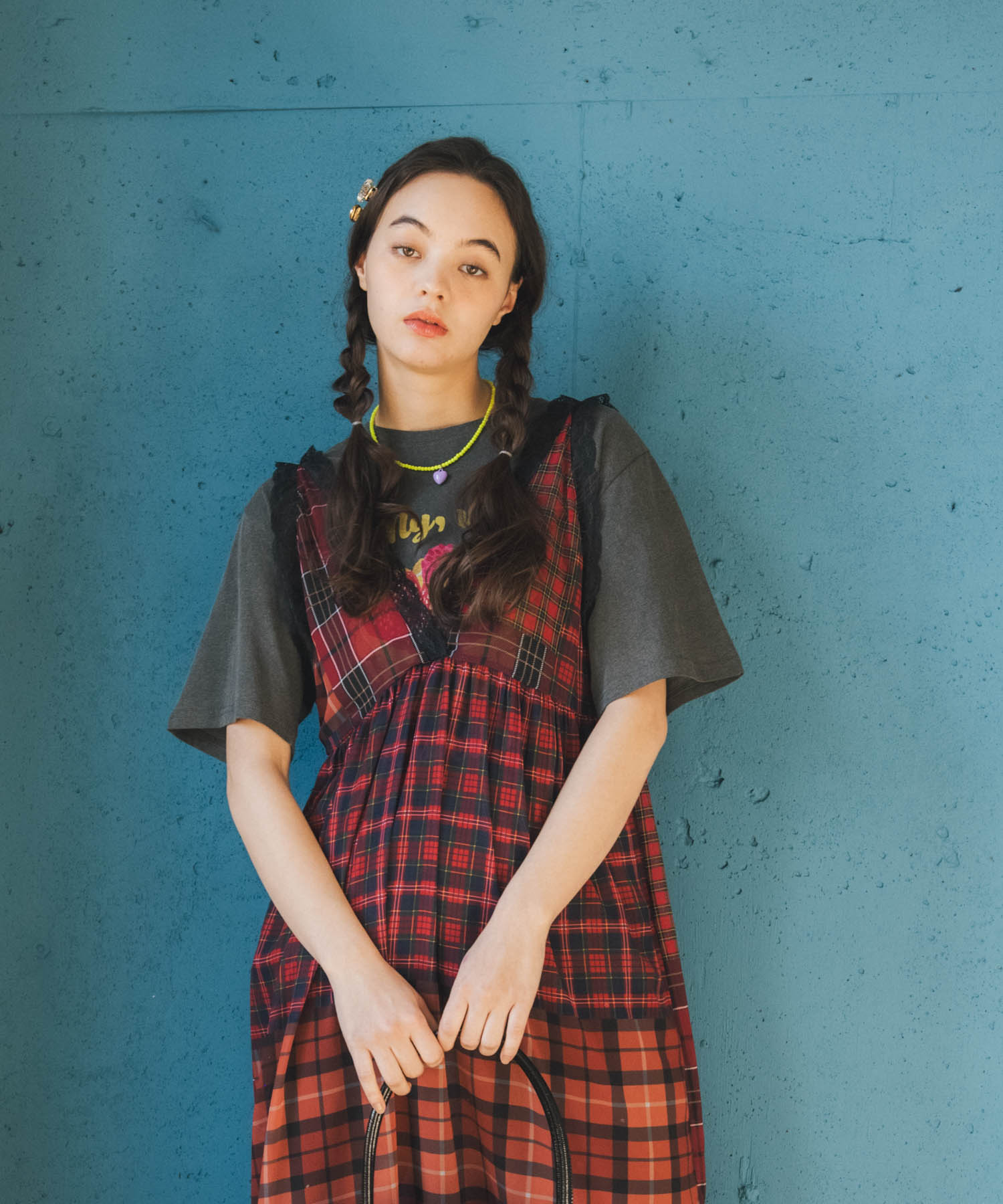 〔お家で試着〕ランダムチェック柄レイヤードワンピース