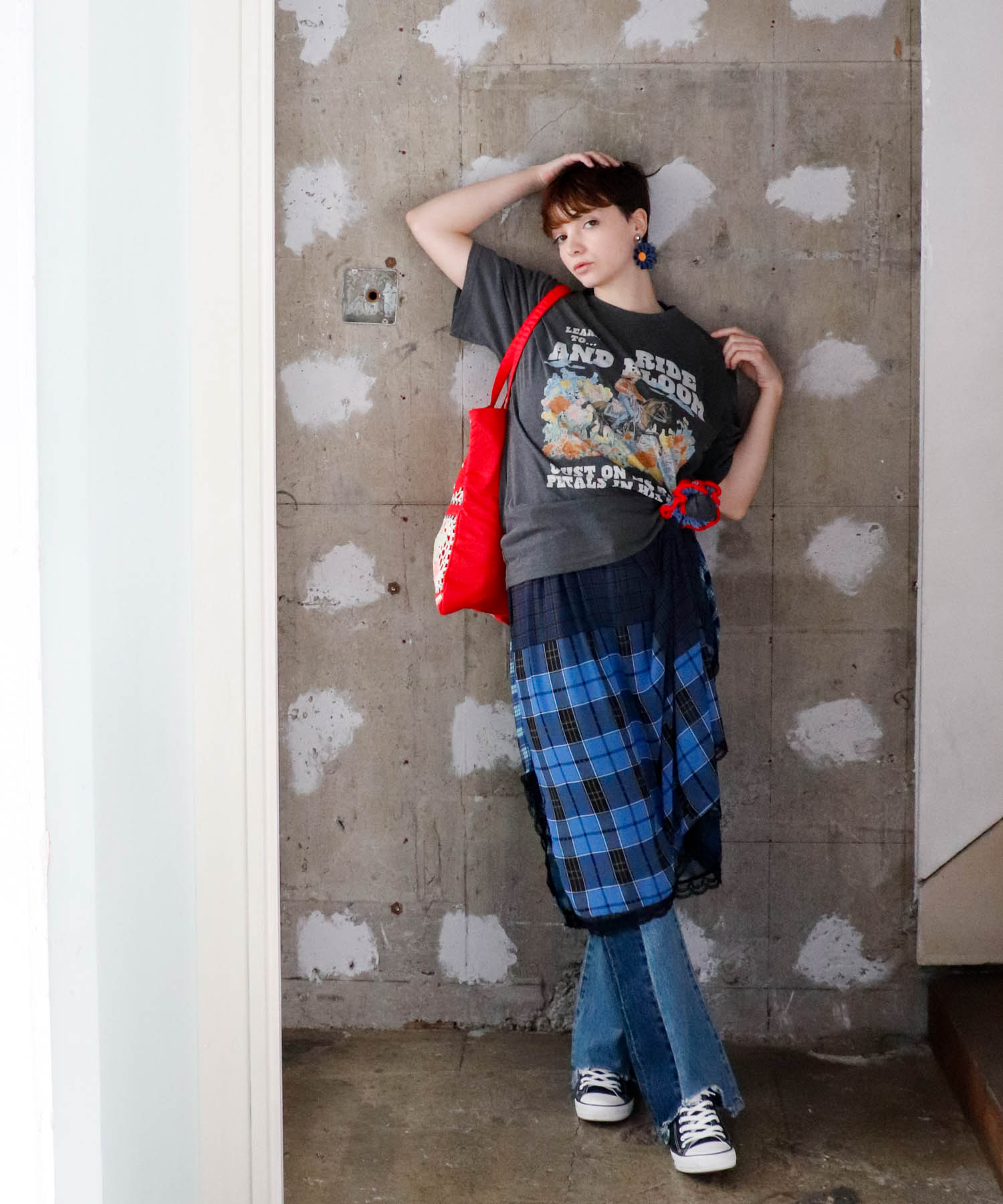 〔お家で試着〕ランダムチェック柄レイヤードワンピース