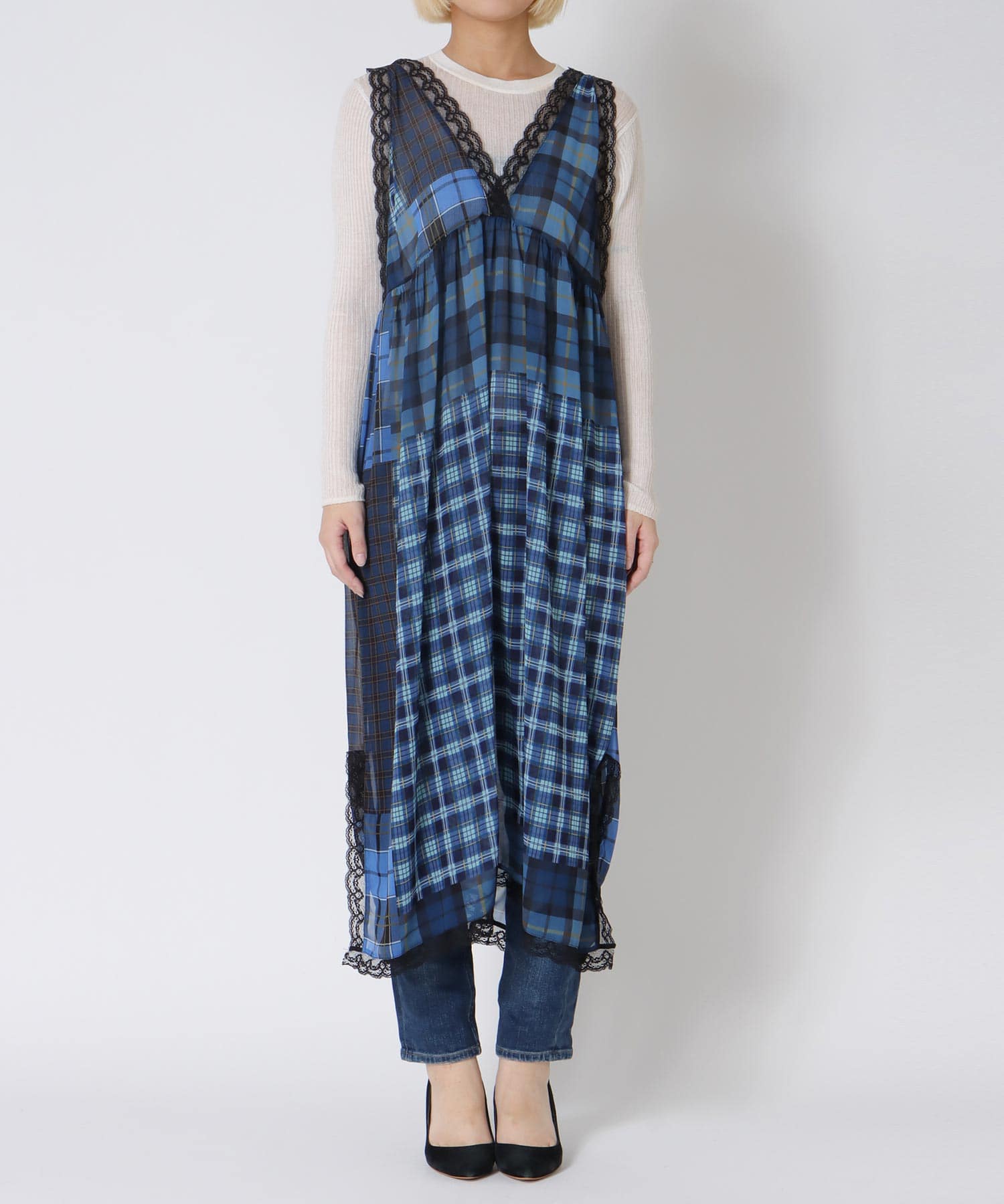 〔お家で試着〕ランダムチェック柄レイヤードワンピース