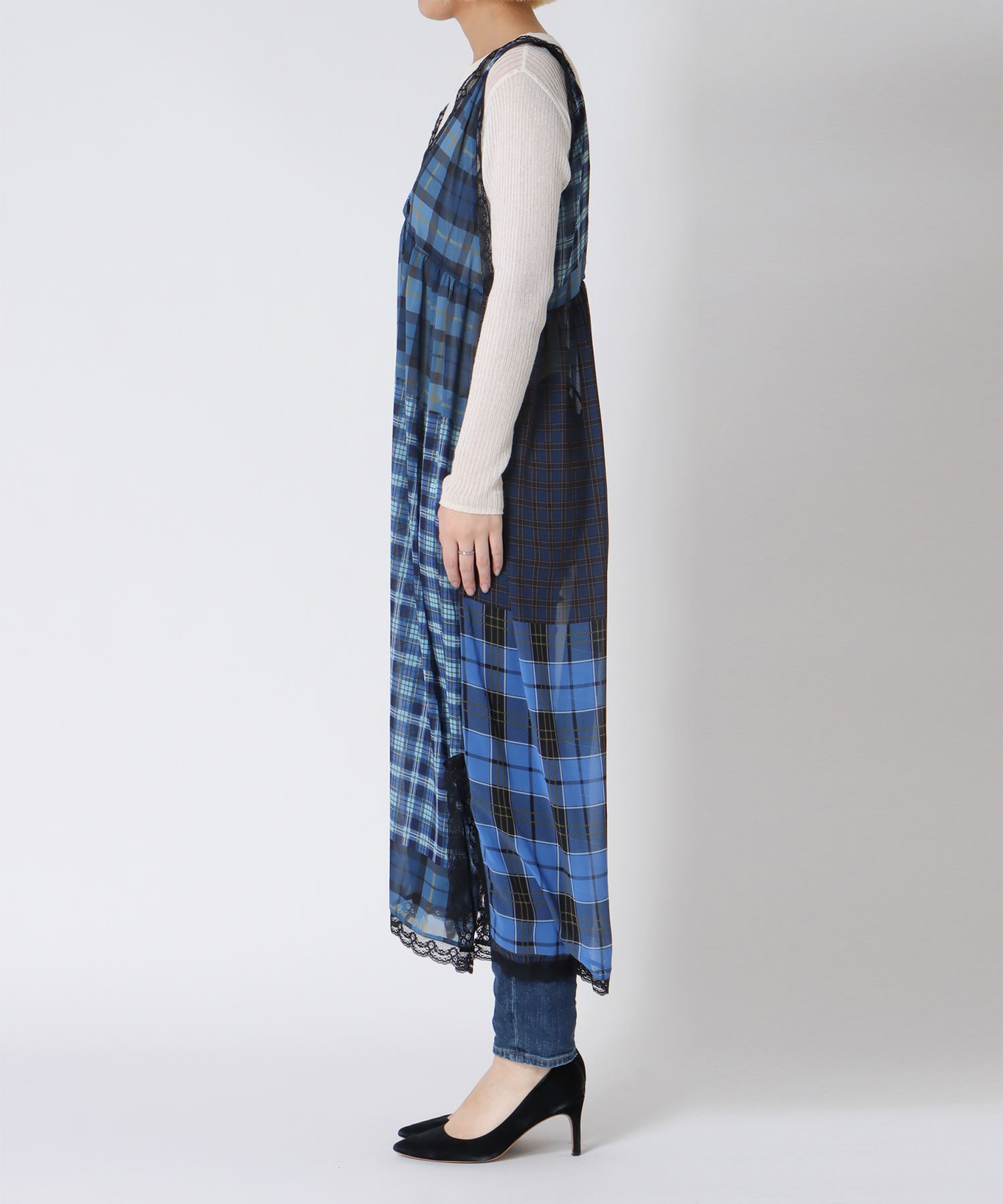 〔お家で試着〕ランダムチェック柄レイヤードワンピース