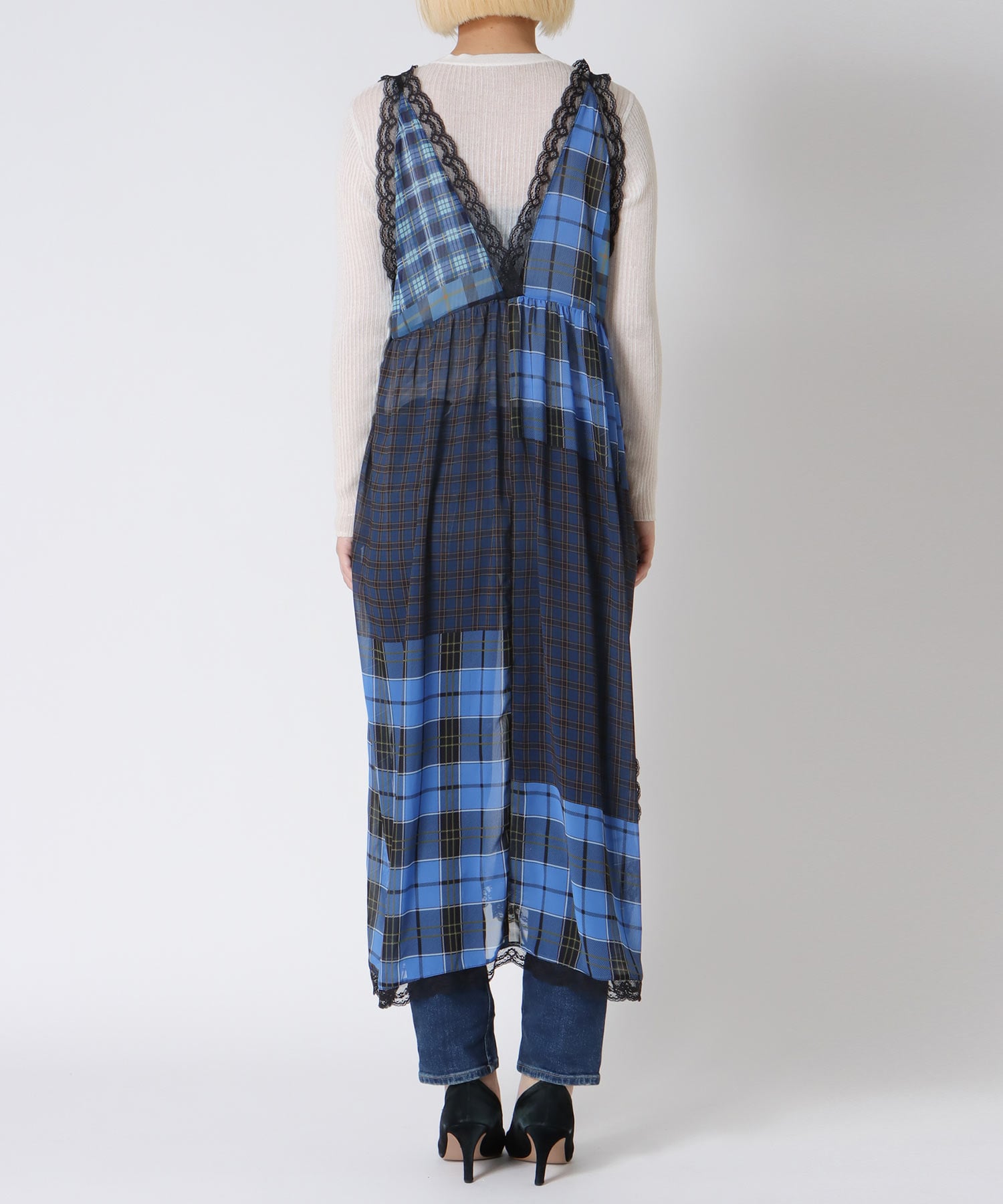 〔お家で試着〕ランダムチェック柄レイヤードワンピース