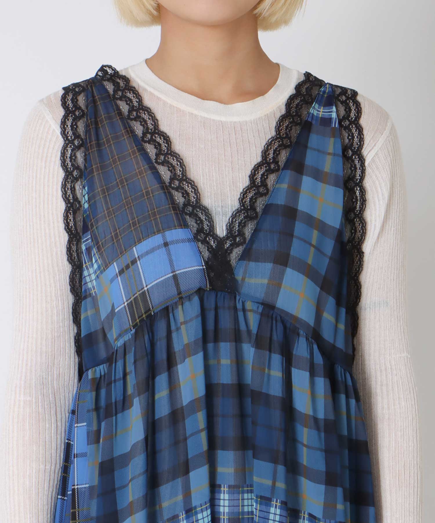 〔お家で試着〕ランダムチェック柄レイヤードワンピース