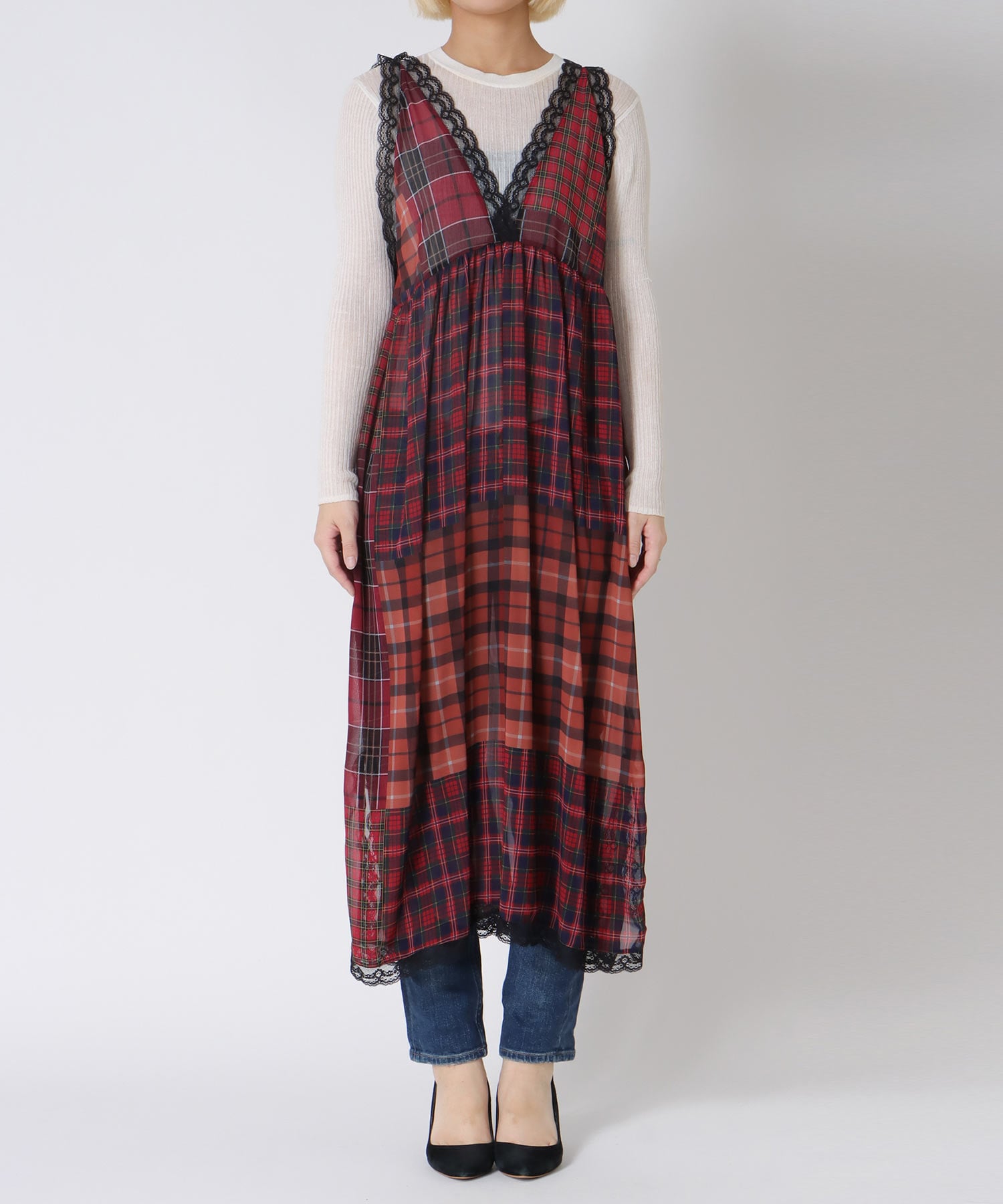 〔お家で試着〕ランダムチェック柄レイヤードワンピース