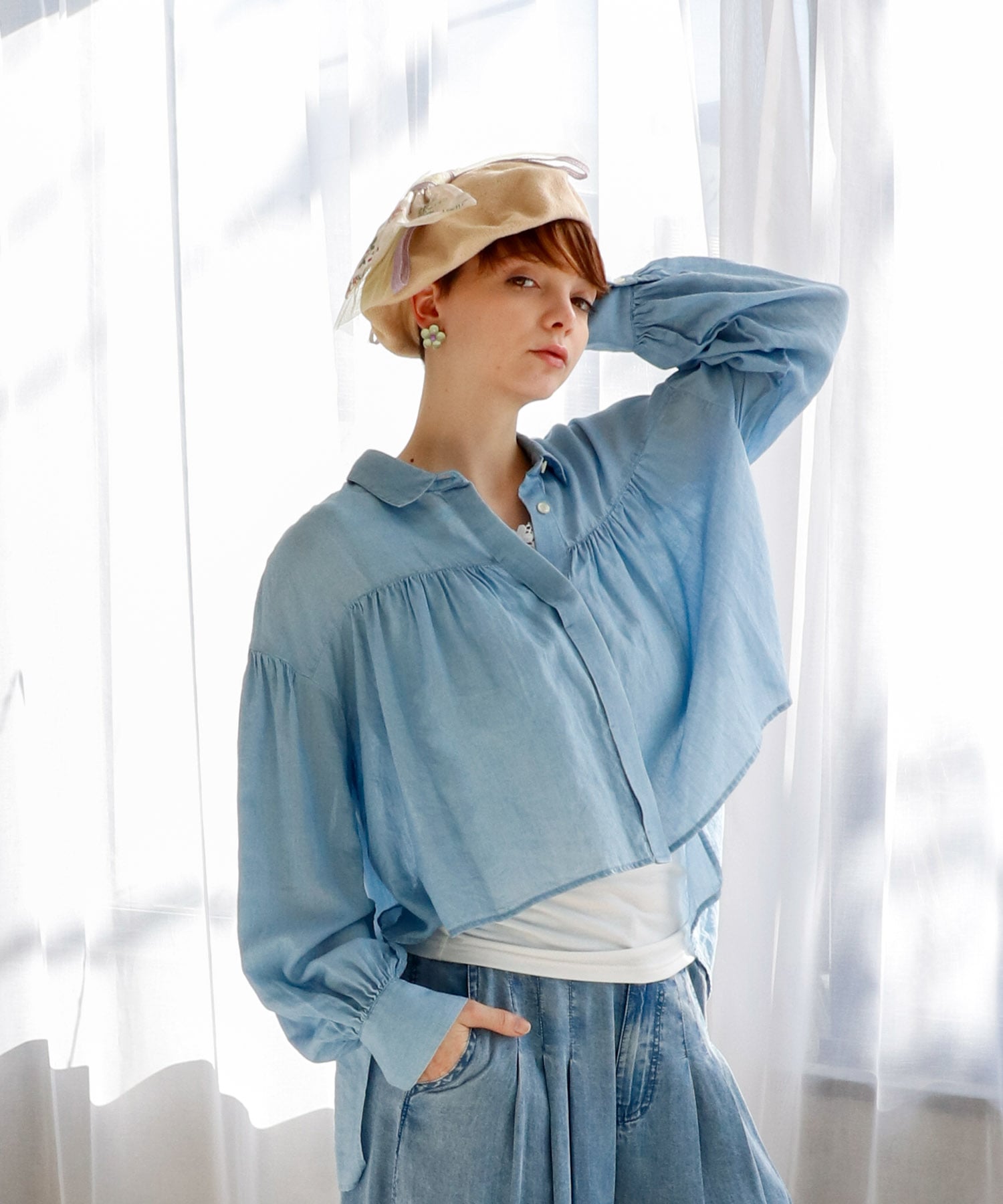 シアーデニムボリュームシャツ