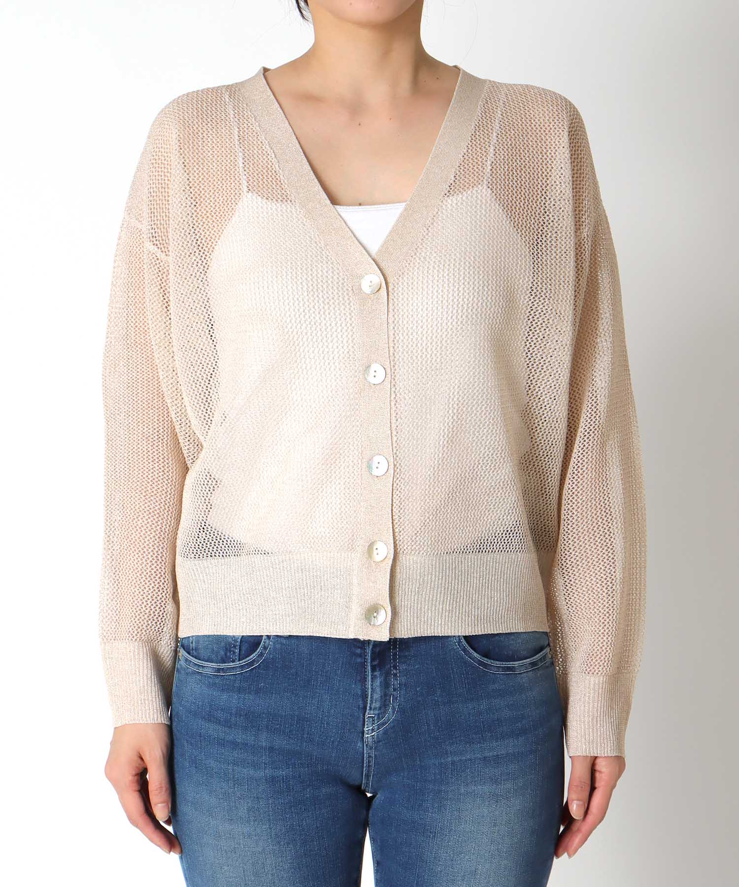 麻タッチラメVネックカーディガン