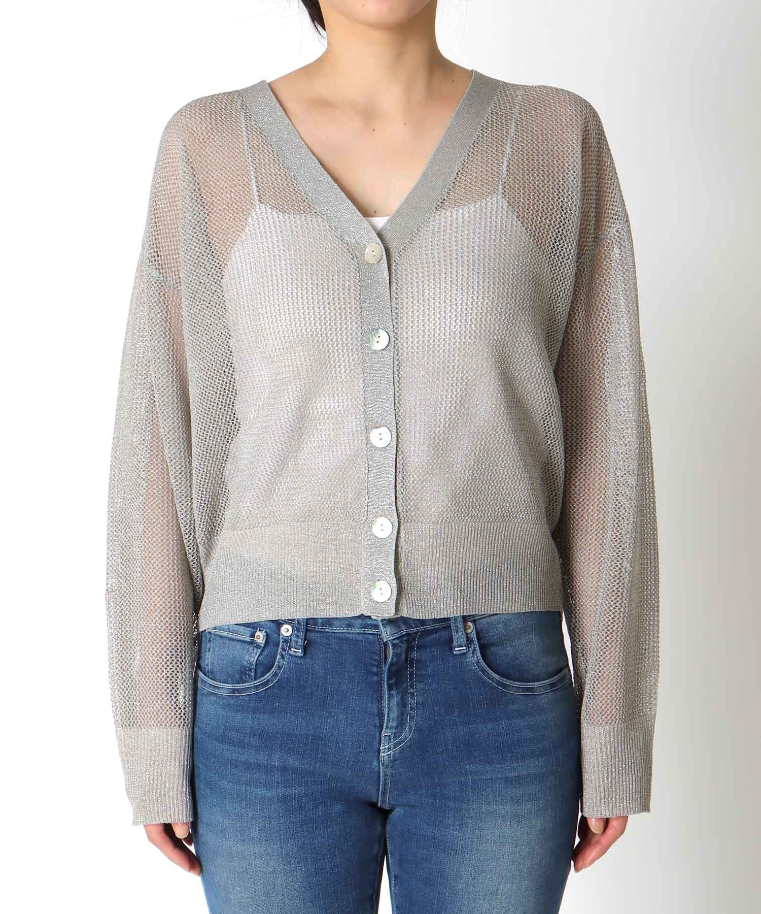 麻タッチラメVネックカーディガン