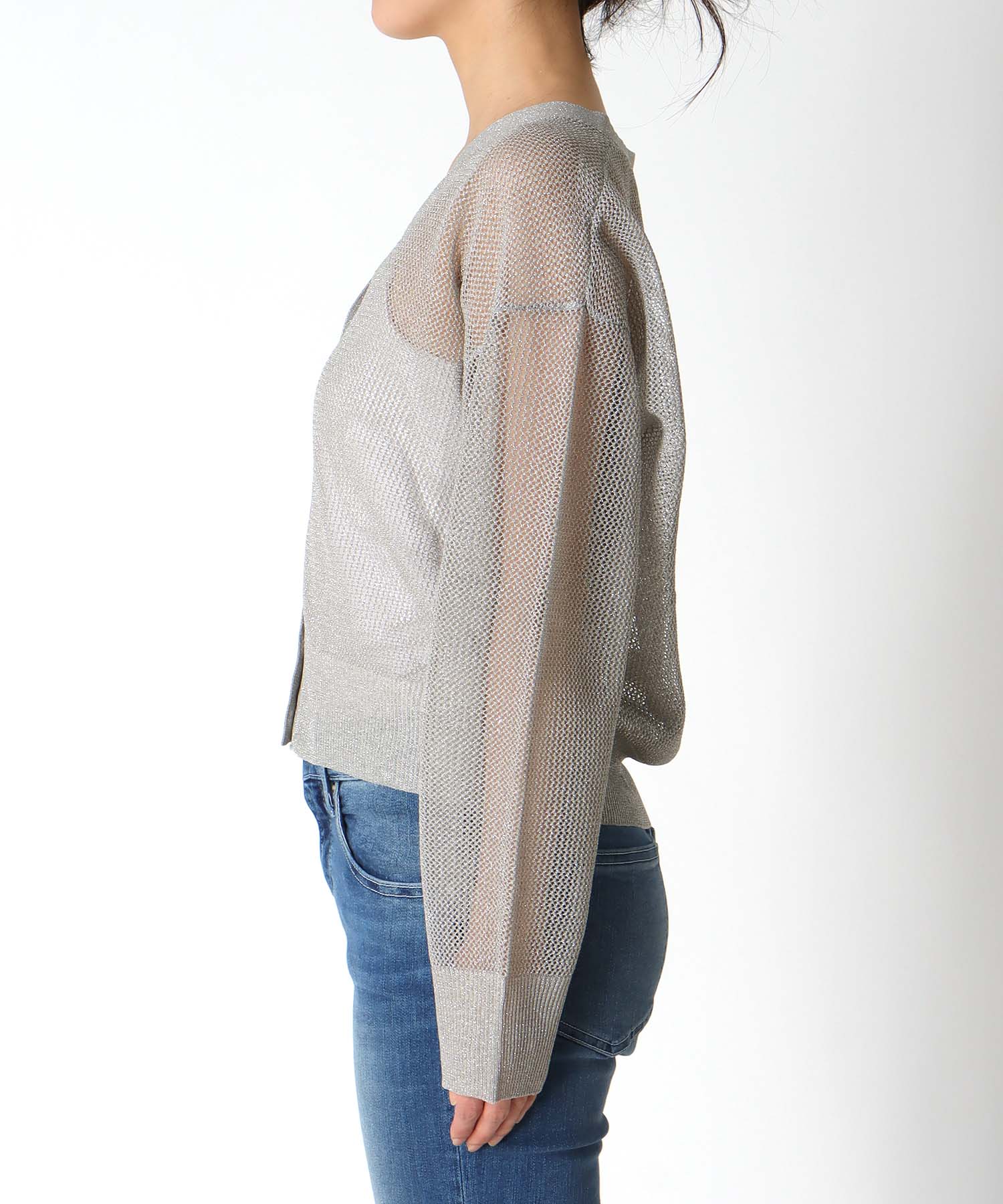 麻タッチラメVネックカーディガン