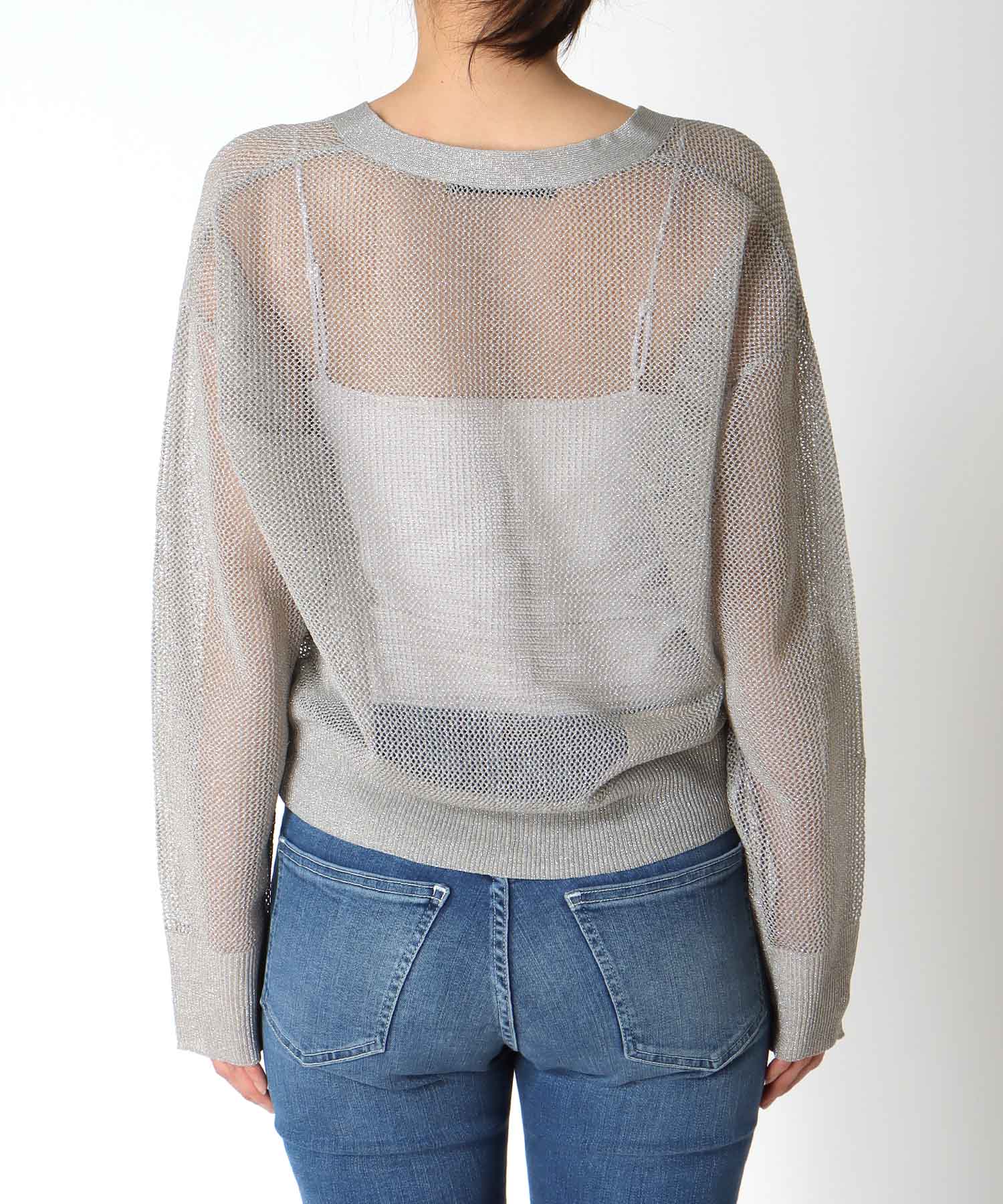 麻タッチラメVネックカーディガン