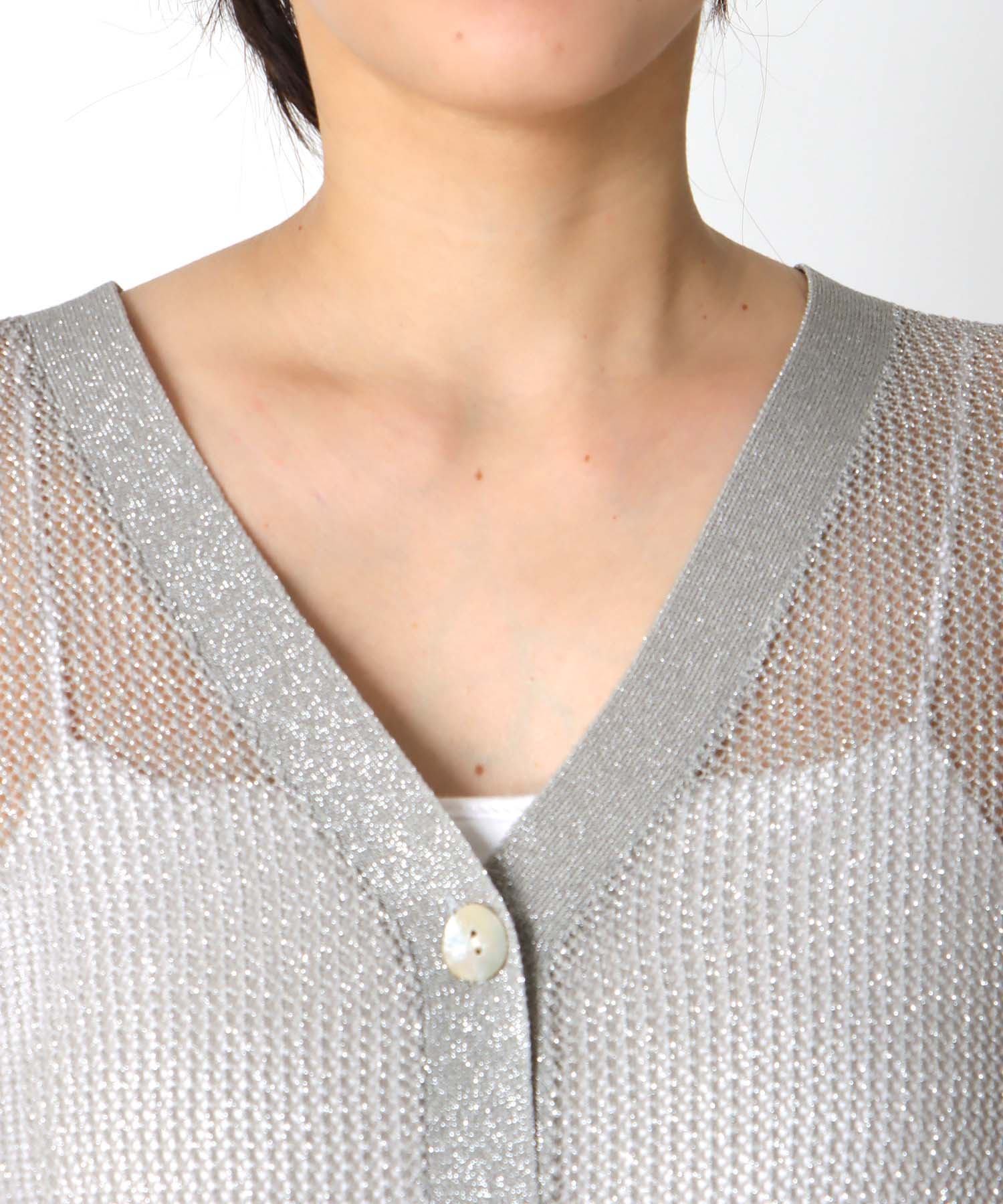 麻タッチラメVネックカーディガン