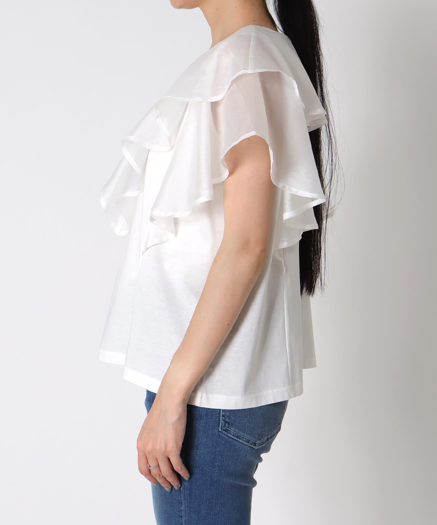 〔お家で試着〕布帛使いフリルカラープルオーバー