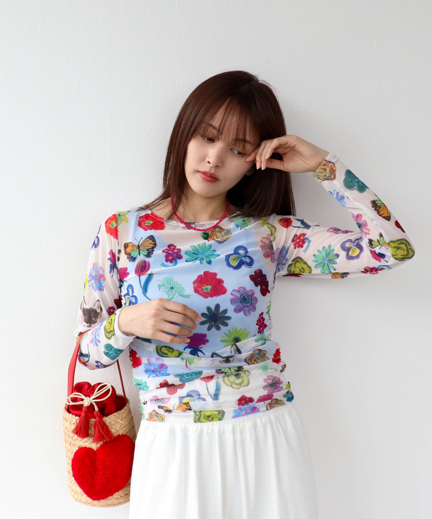 ハート付きラフィアバケットトート