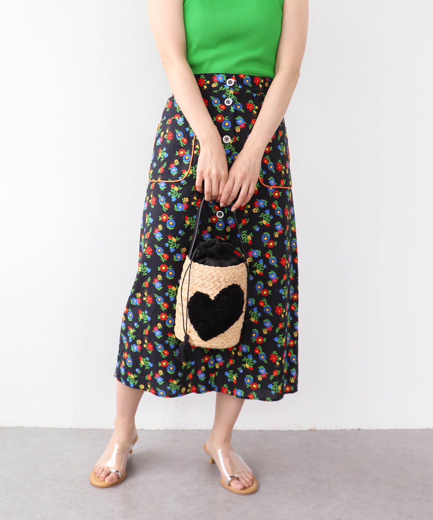 ハート付きラフィアバケットトート