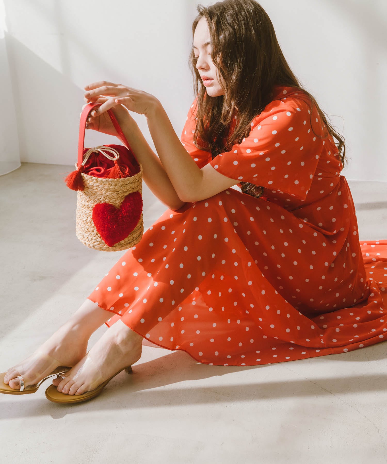 ハート付きラフィアバケットトート