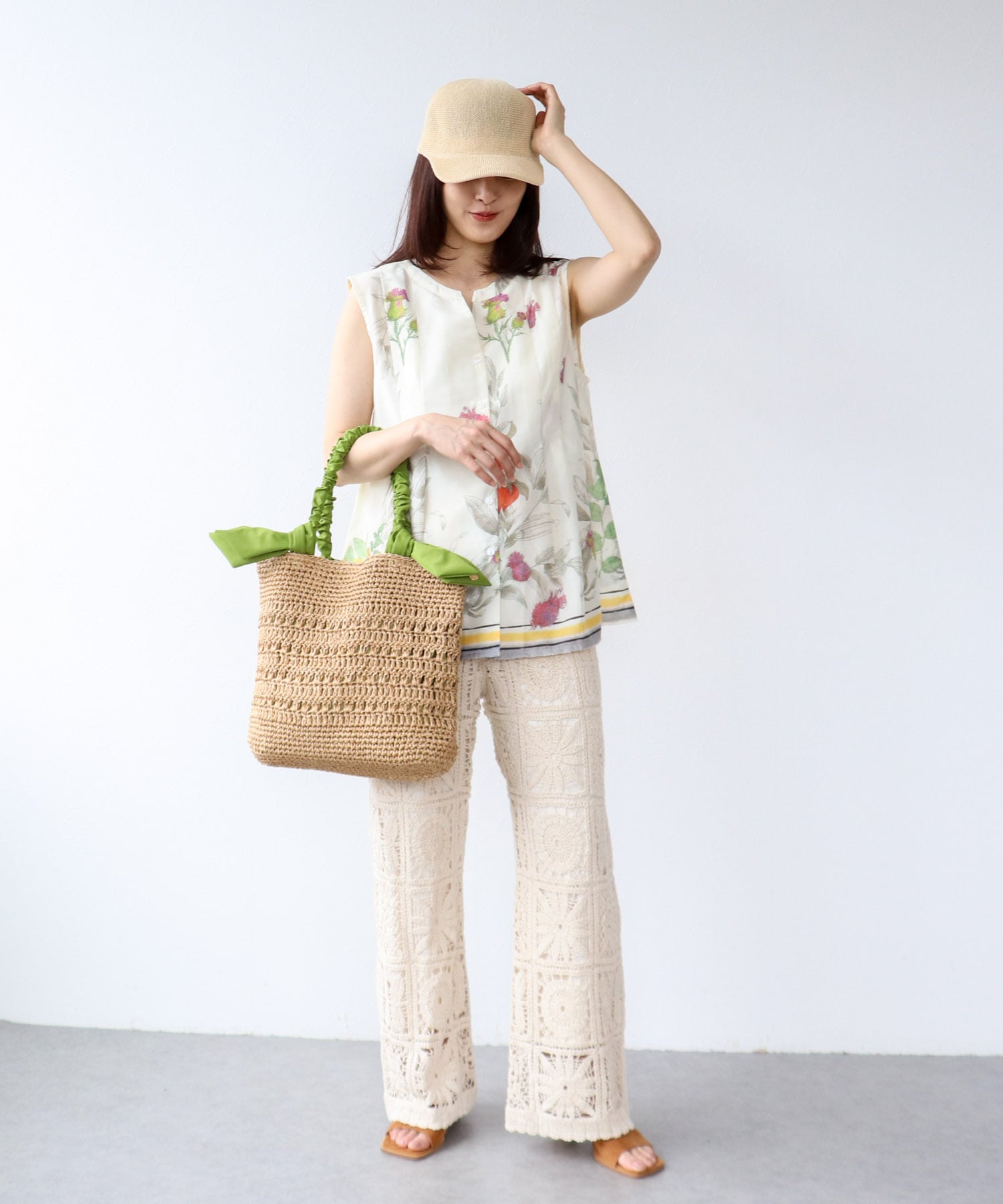 下がりリボン柄編みトート