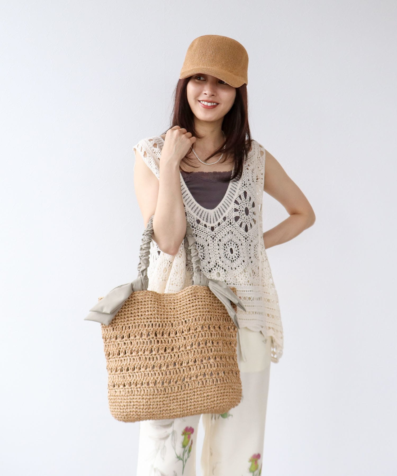 下がりリボン柄編みトート