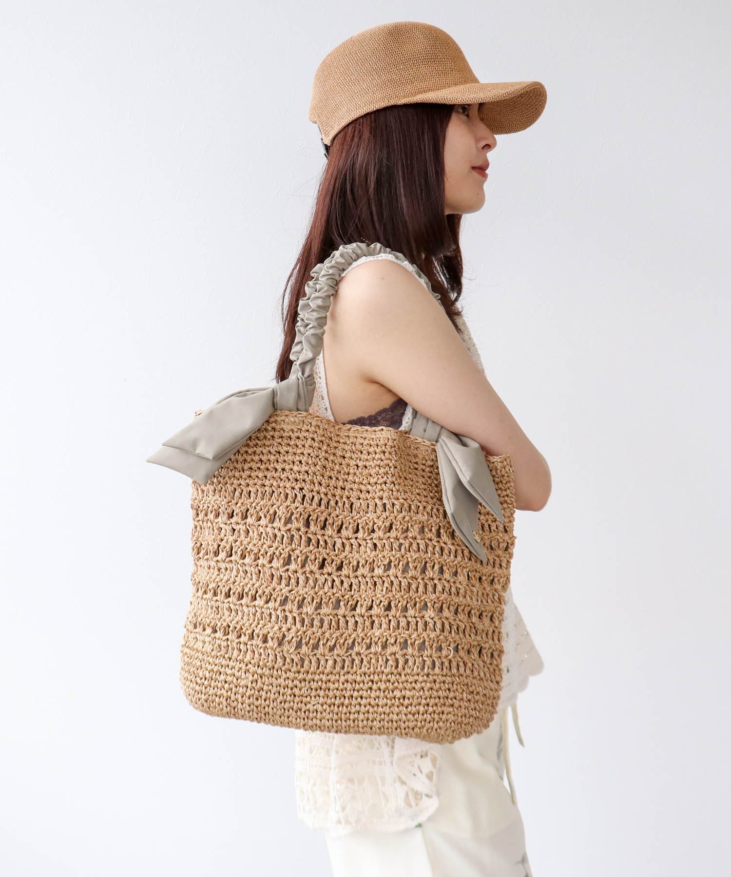 下がりリボン柄編みトート