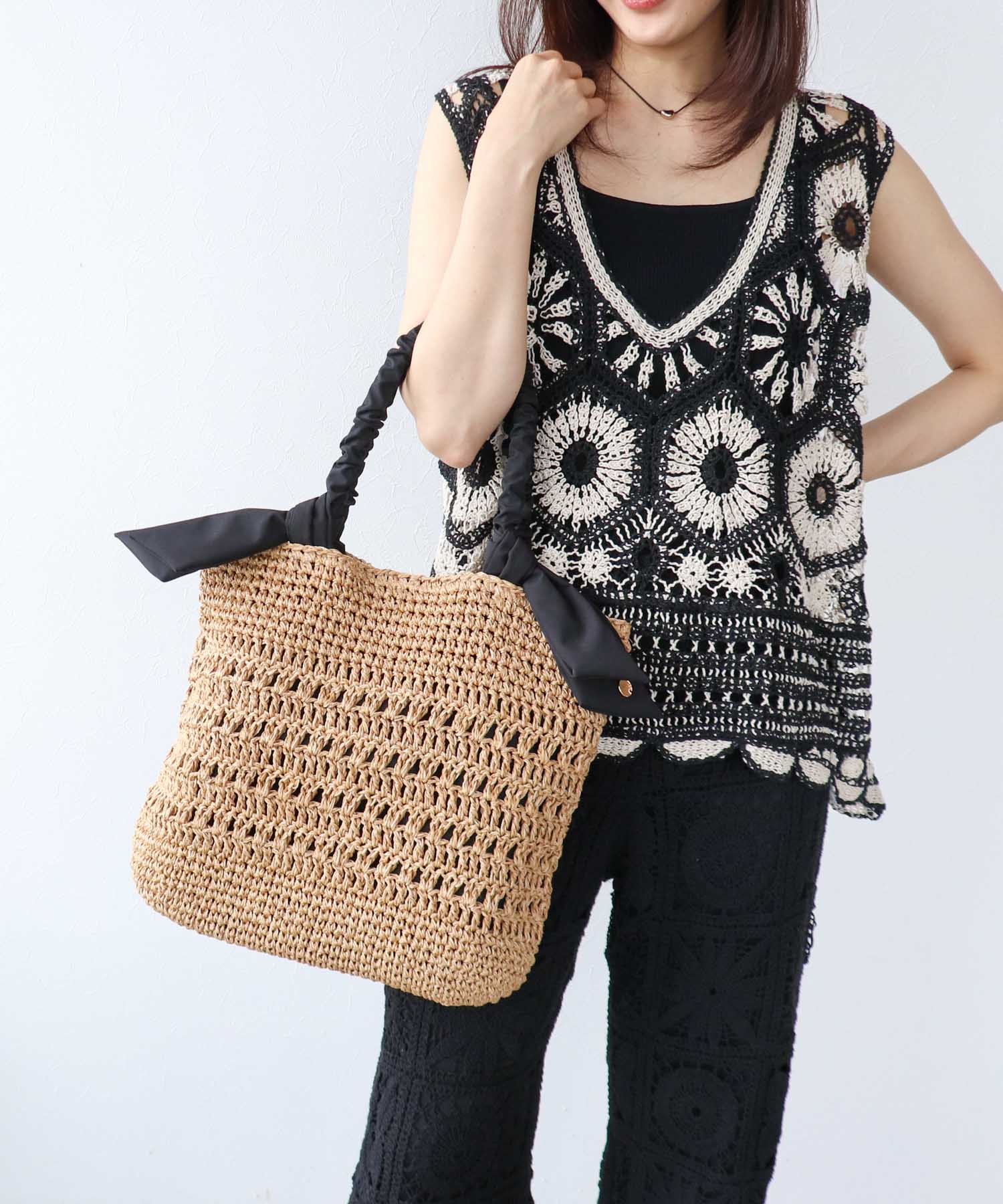 下がりリボン柄編みトート