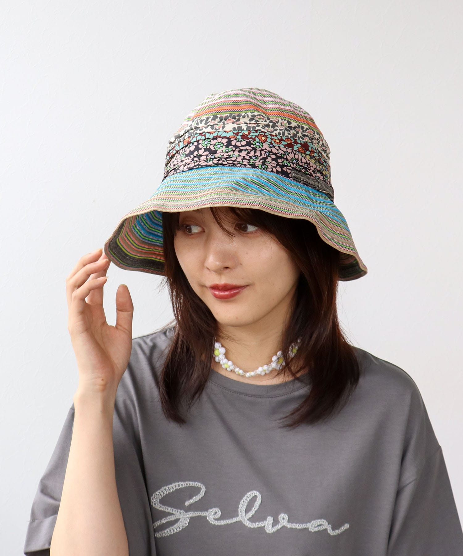 異素材柄テープつば広HAT