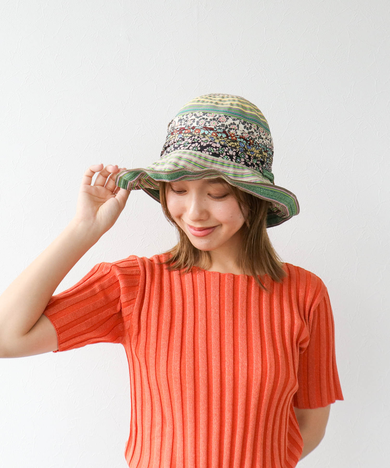 異素材柄テープつば広HAT