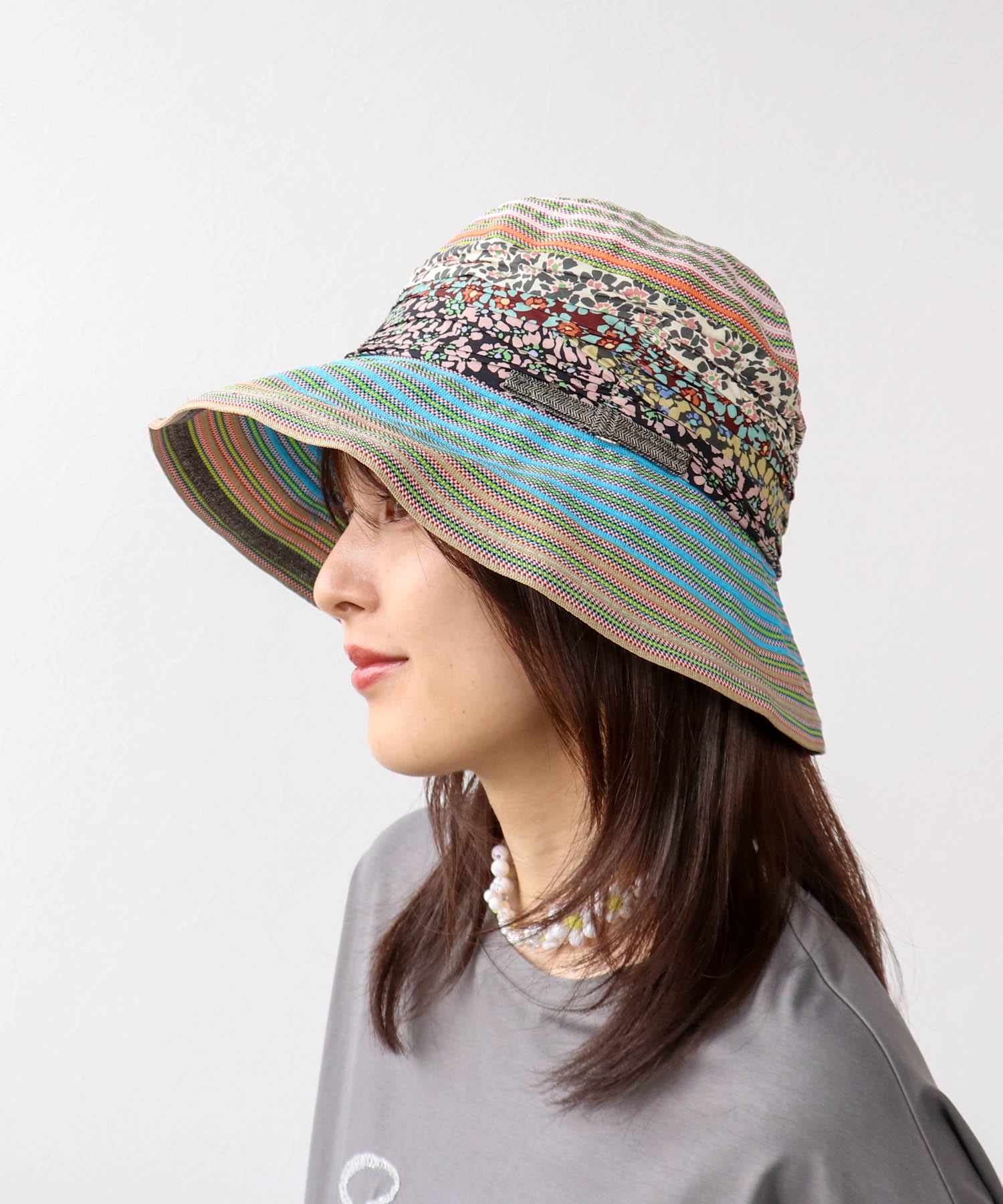 異素材柄テープつば広HAT