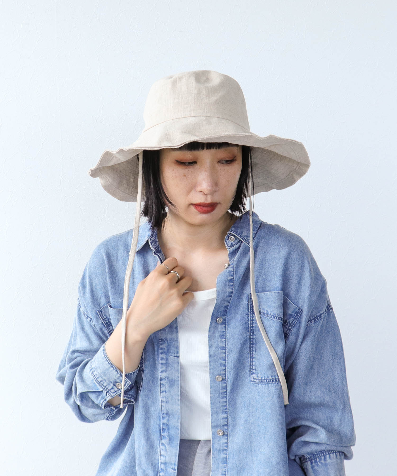 リネン風ステッチつば広HAT