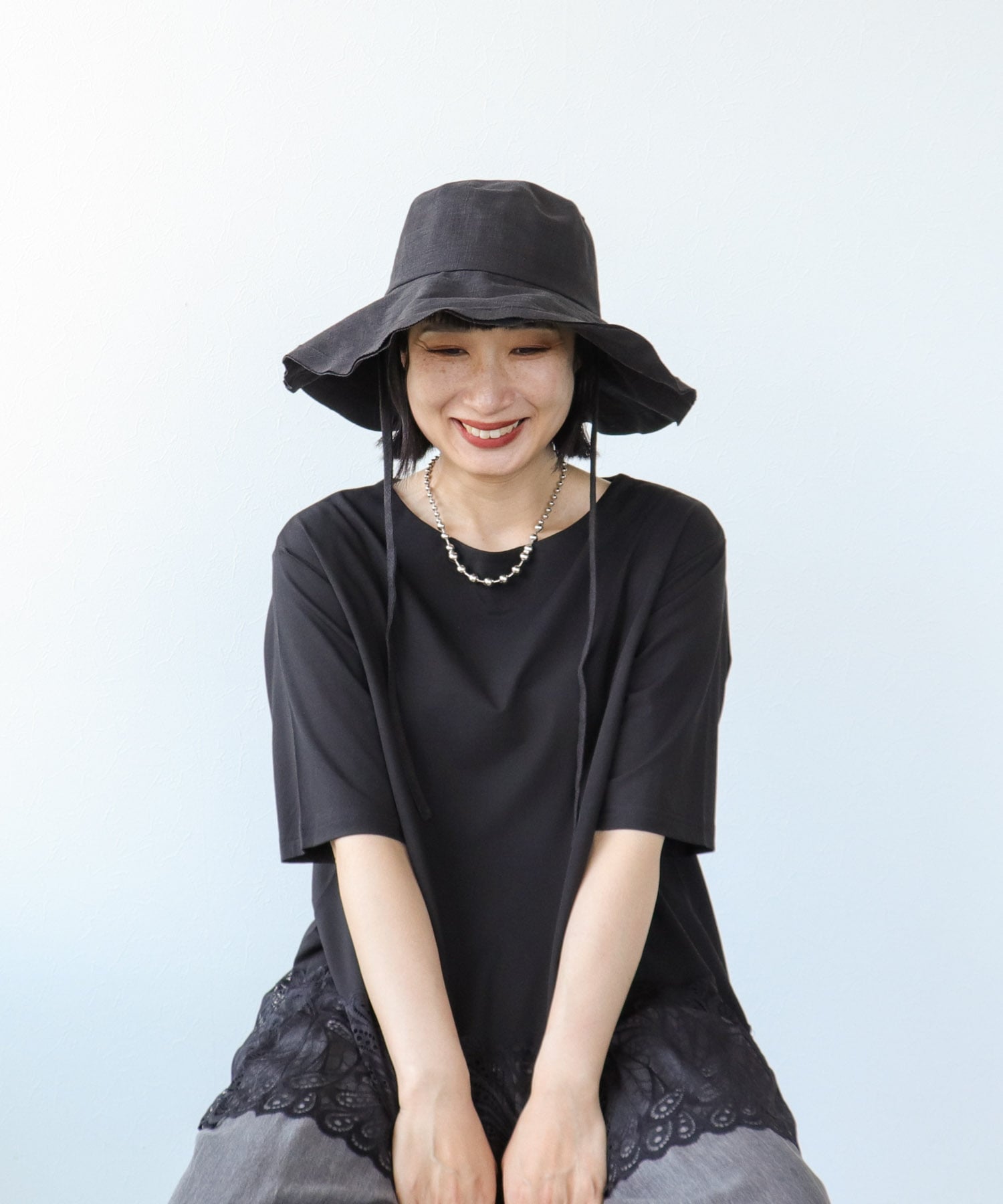 リネン風ステッチつば広HAT