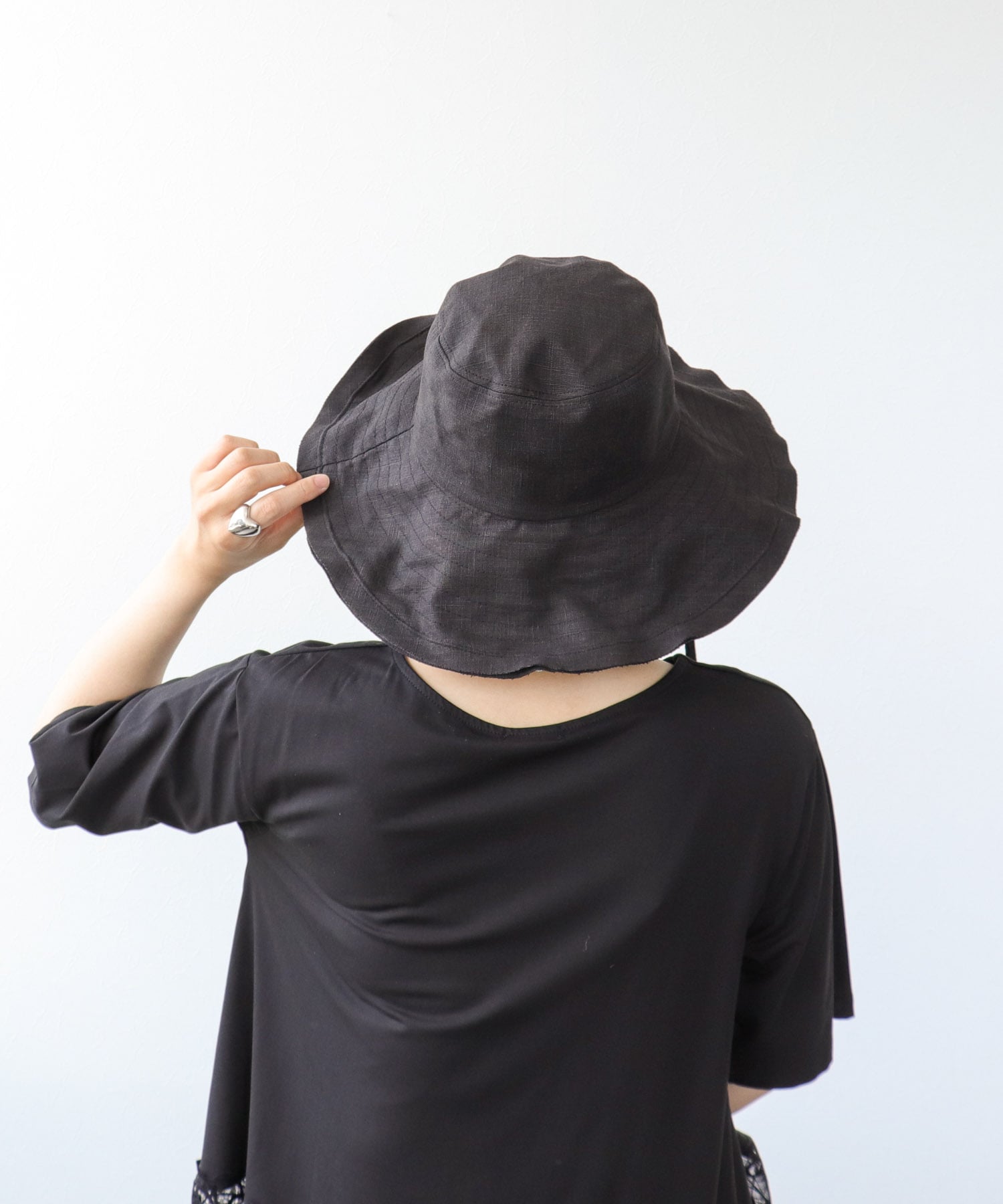 リネン風ステッチつば広HAT