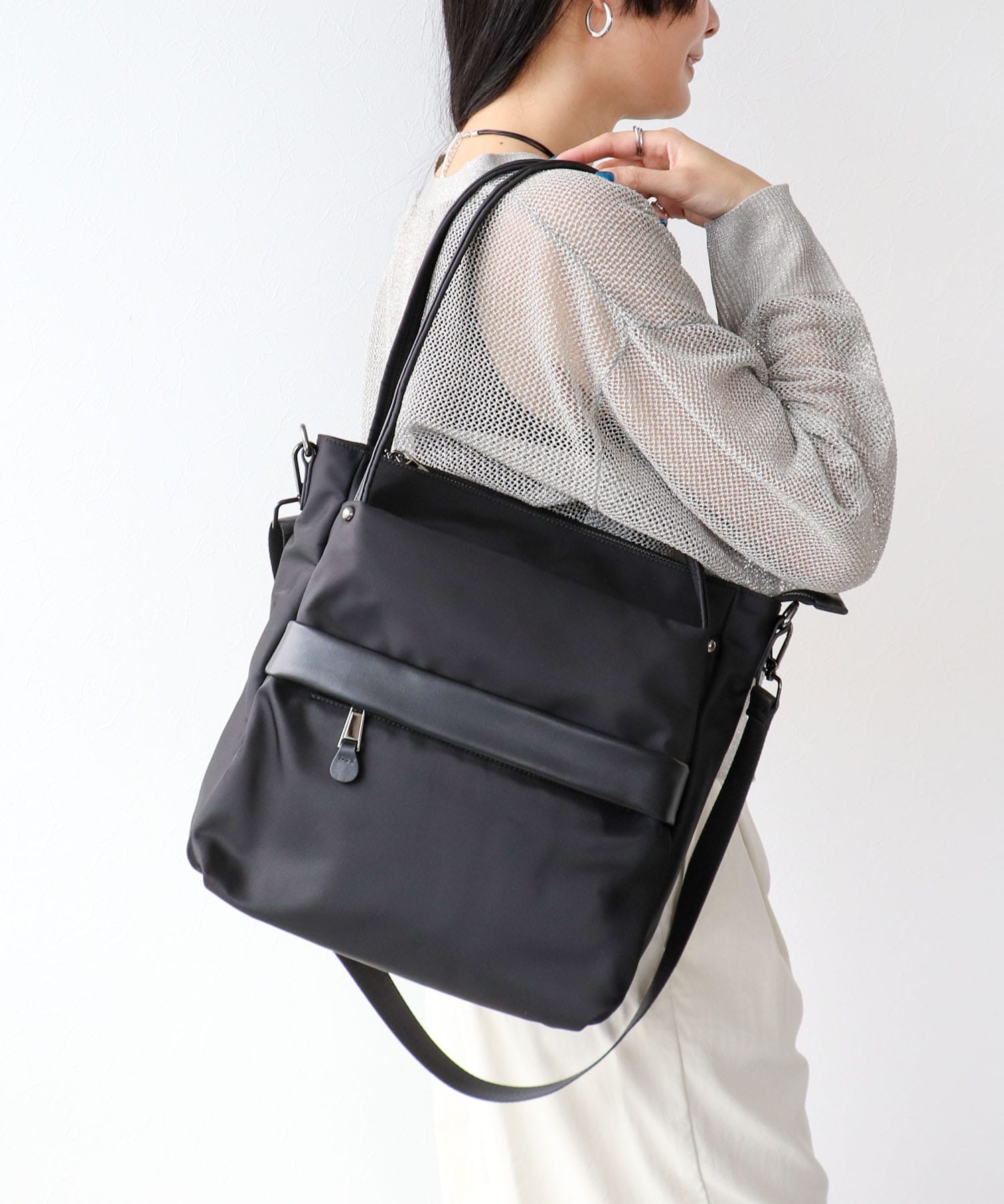 トリムレザーナイロンマチ付きトート