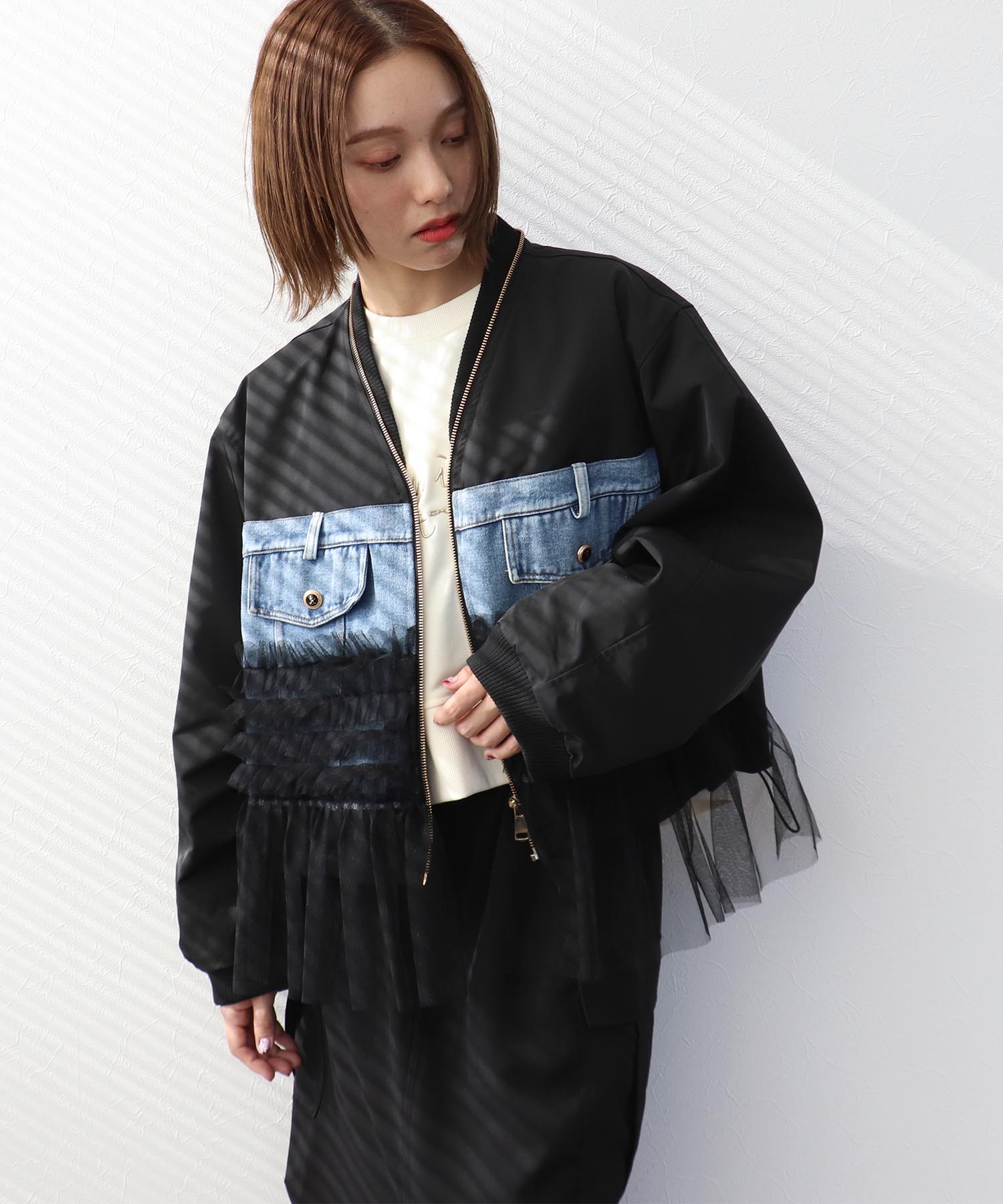 デニムチュールドッキングブルゾン
