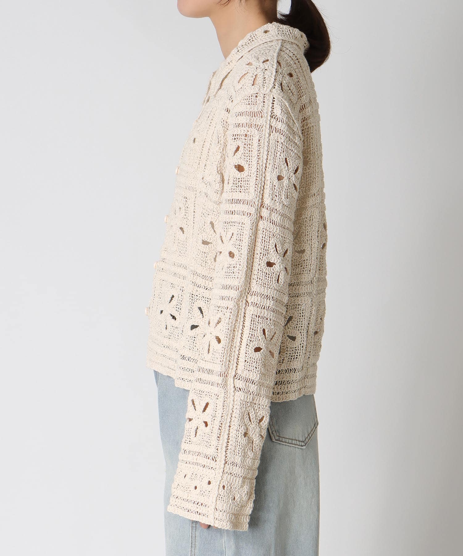 襟レース編み前開きプルオーバー