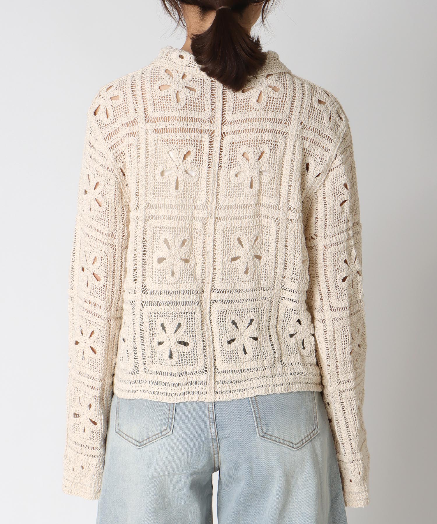 襟レース編み前開きプルオーバー