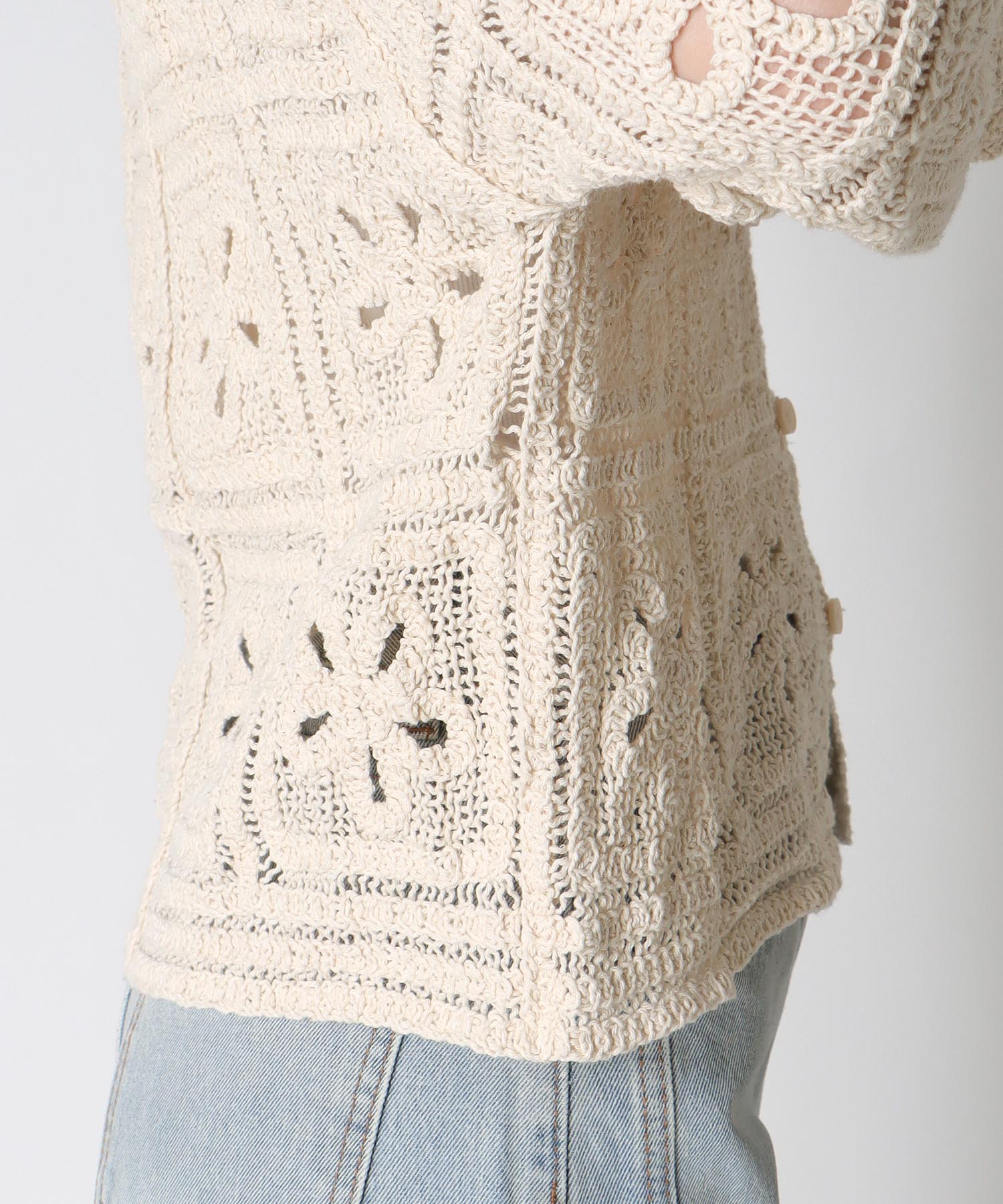 襟レース編み前開きプルオーバー