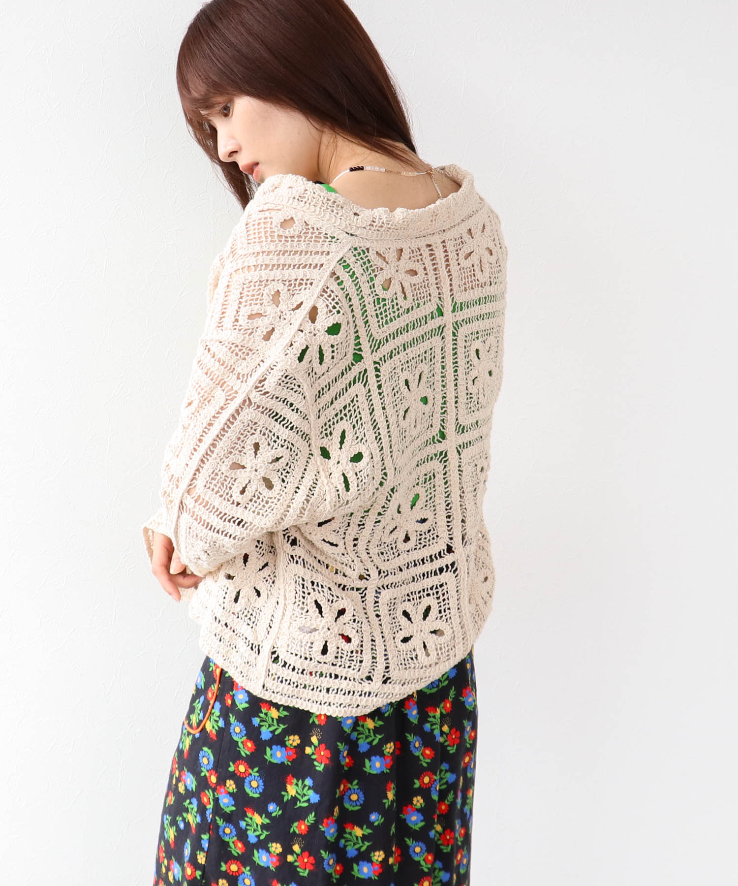 襟レース編み前開きプルオーバー