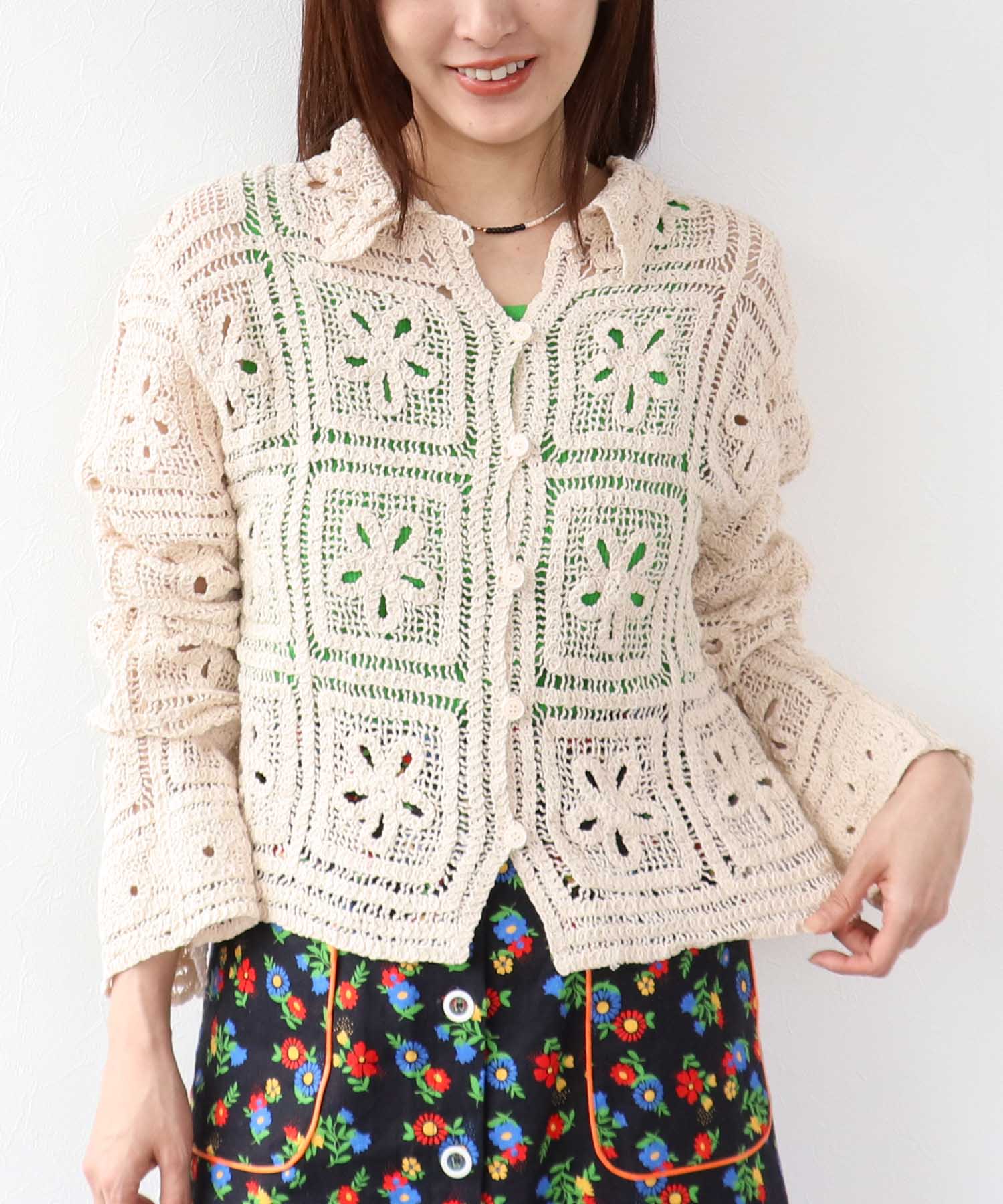 襟レース編み前開きプルオーバー