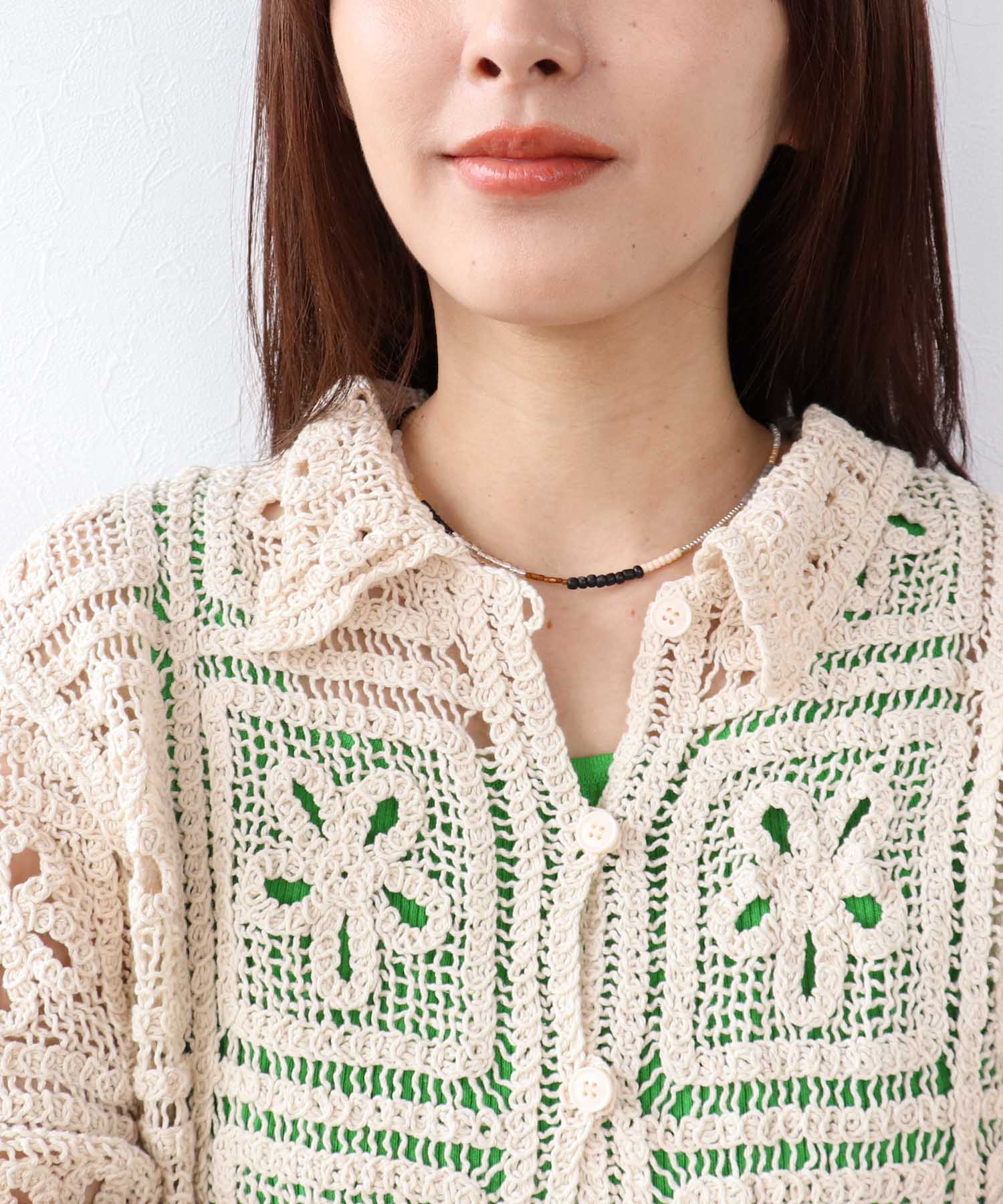 襟レース編み前開きプルオーバー