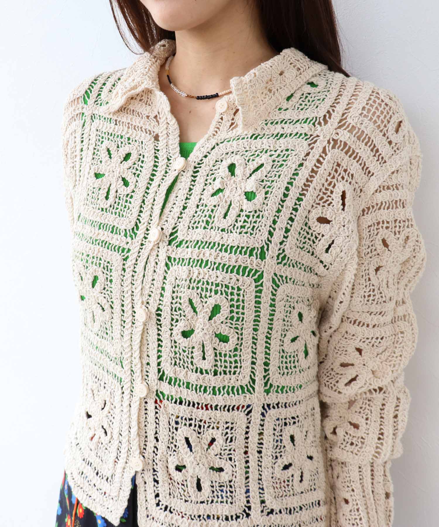 襟レース編み前開きプルオーバー