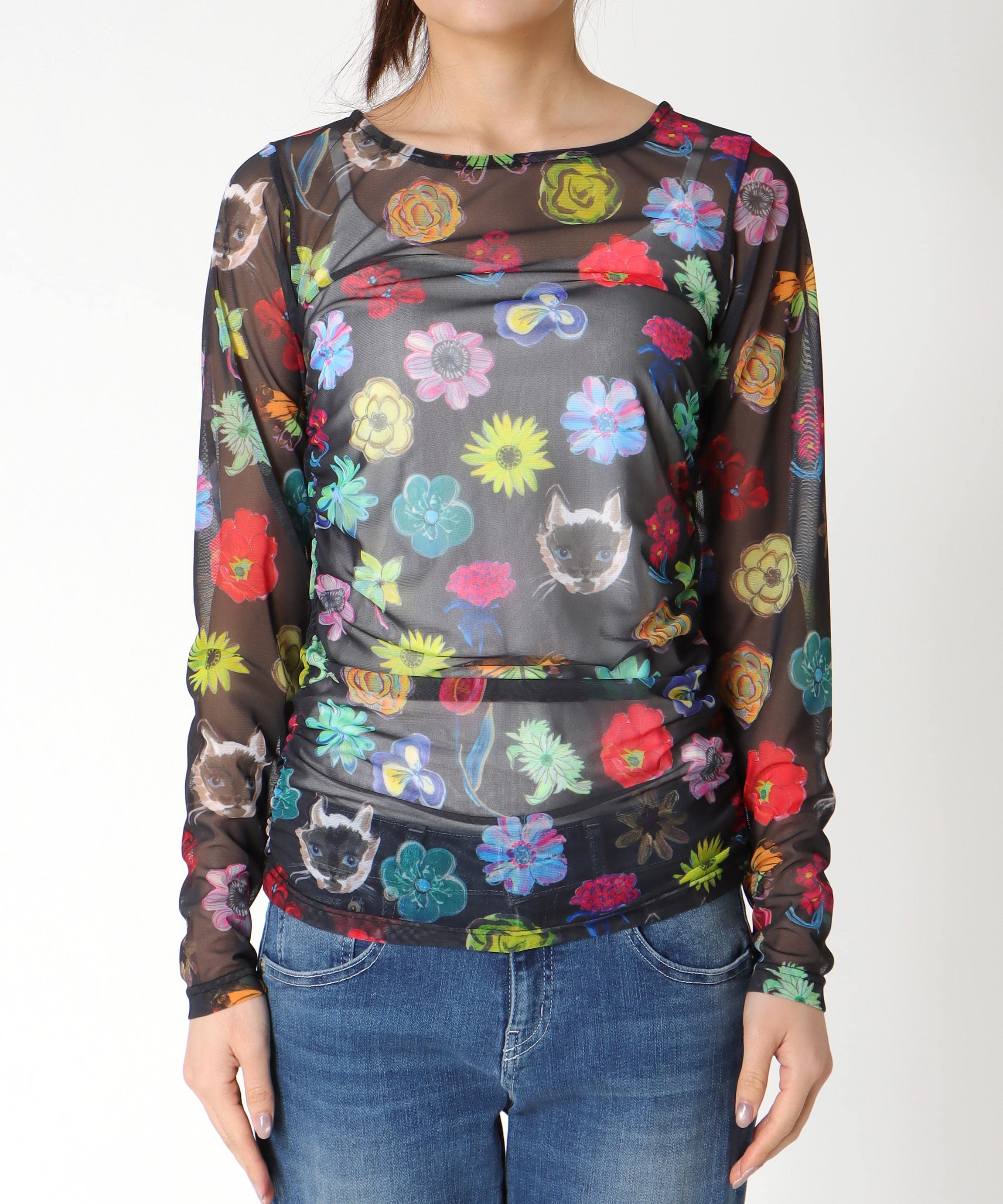 【バラ色の帽子コラボ】プリントシアートップス