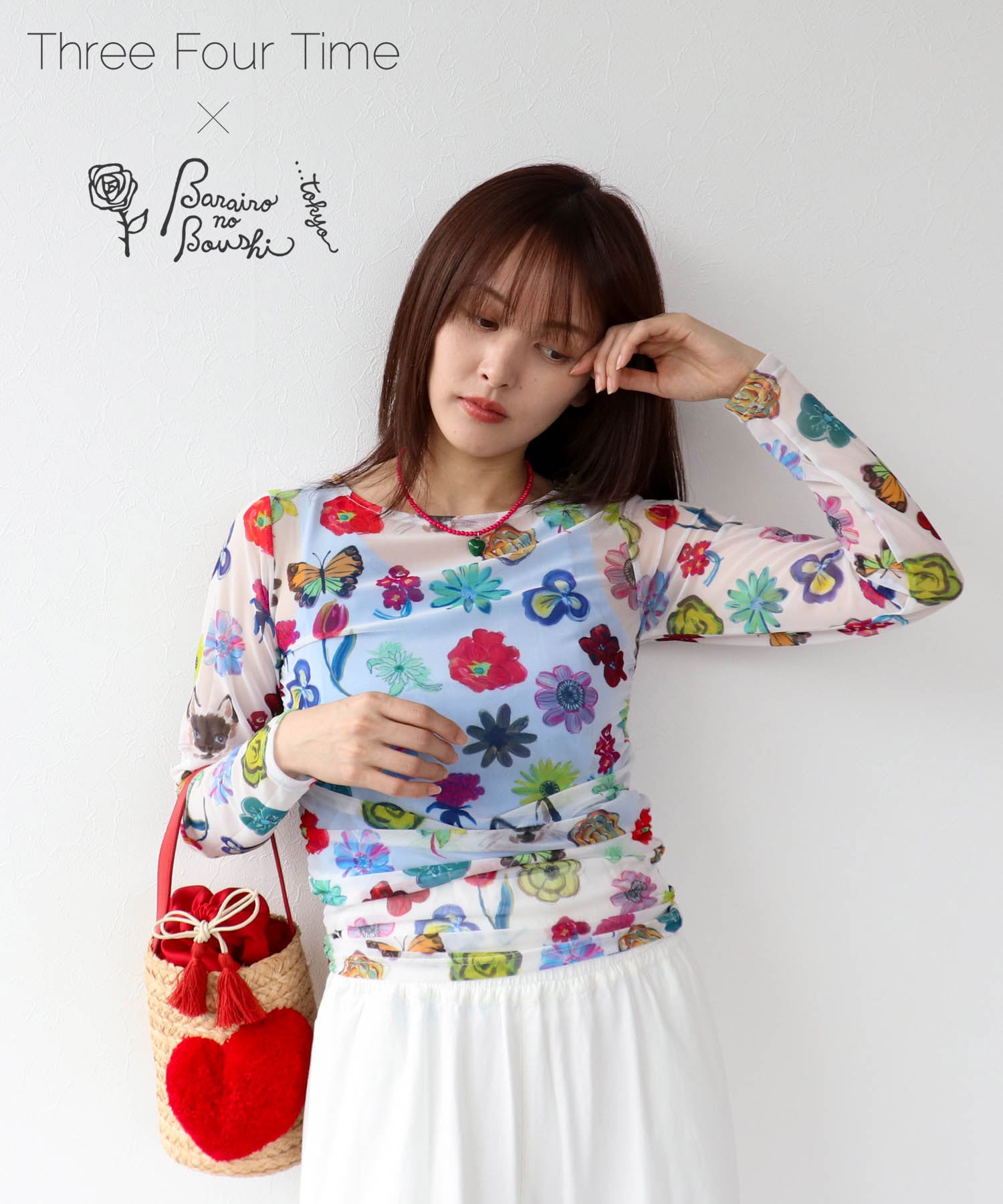 【バラ色の帽子コラボ】プリントシアートップス