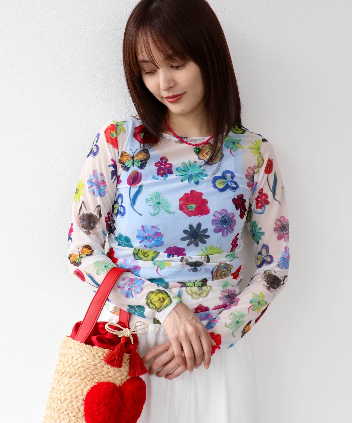 【バラ色の帽子コラボ】プリントシアートップス