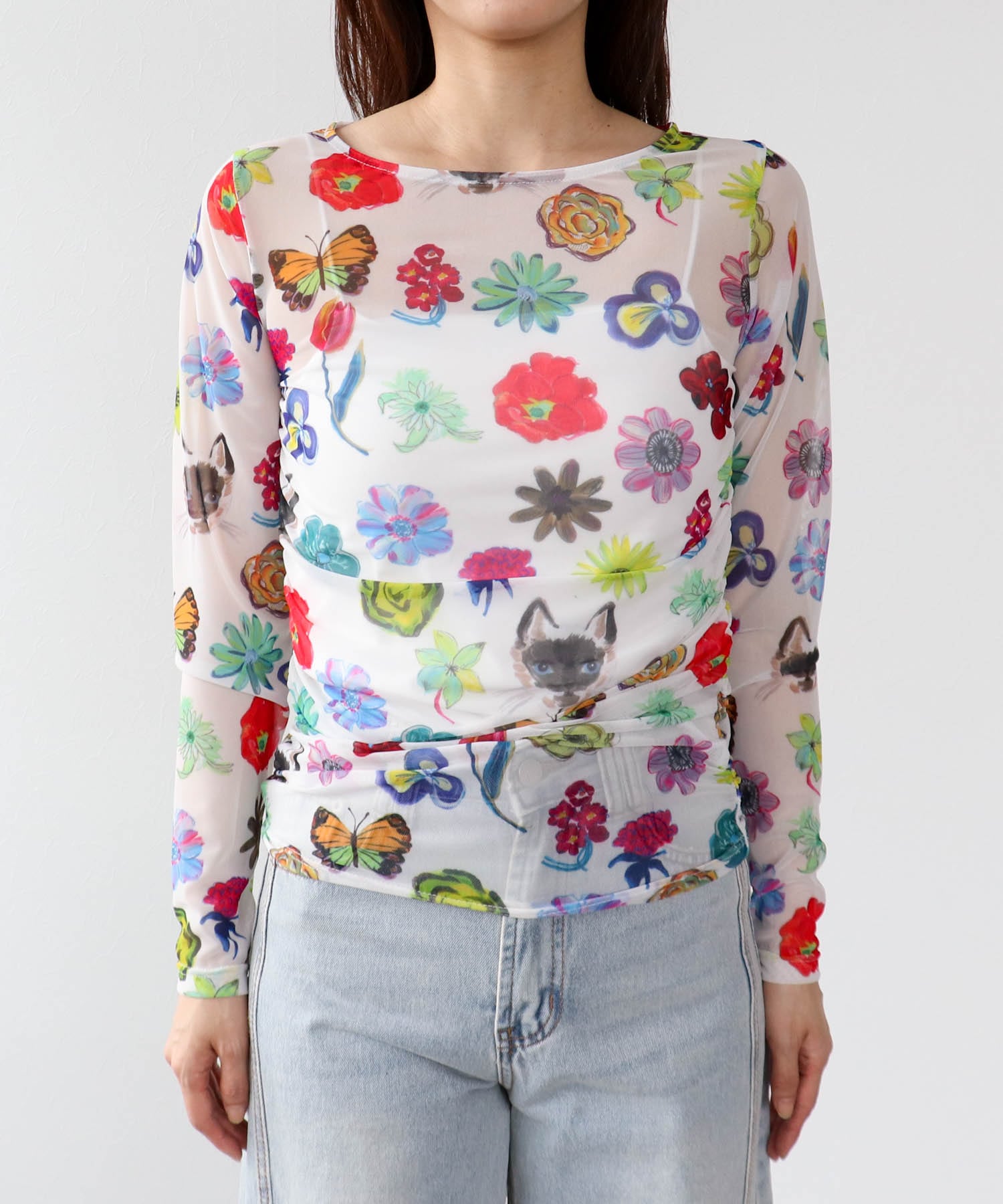 【バラ色の帽子コラボ】プリントシアートップス