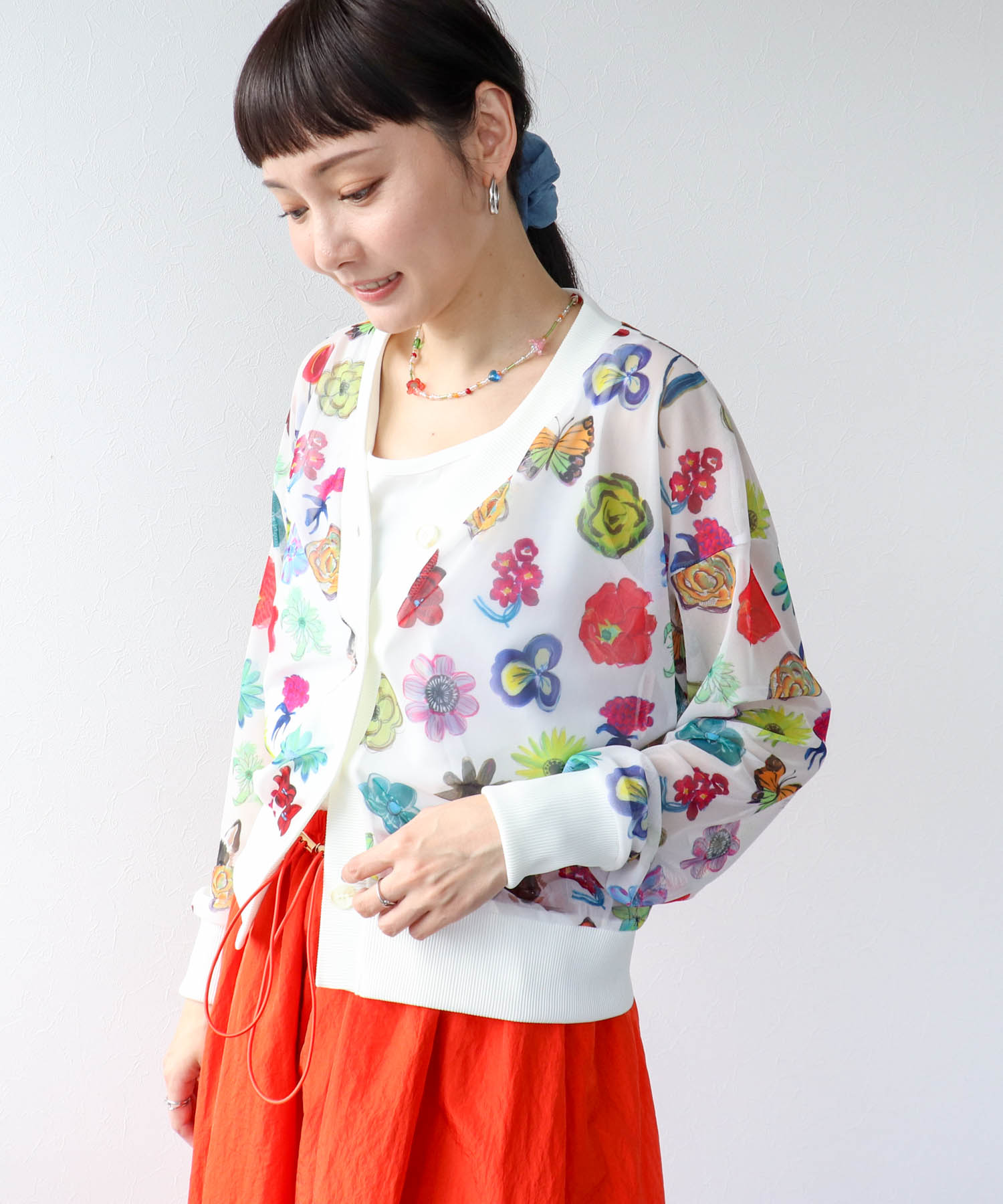 【バラ色の帽子コラボ】プリントシアーカーディガン