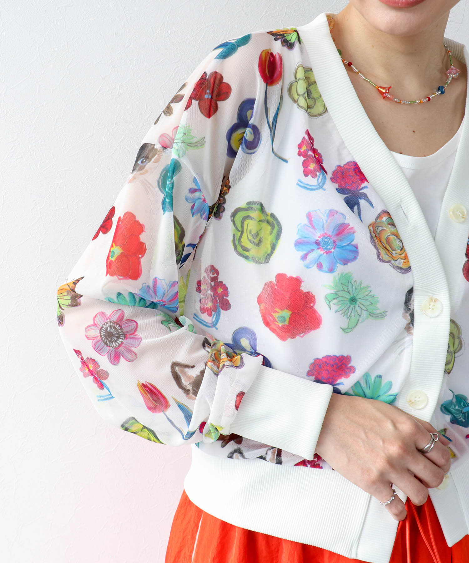 【バラ色の帽子コラボ】プリントシアーカーディガン