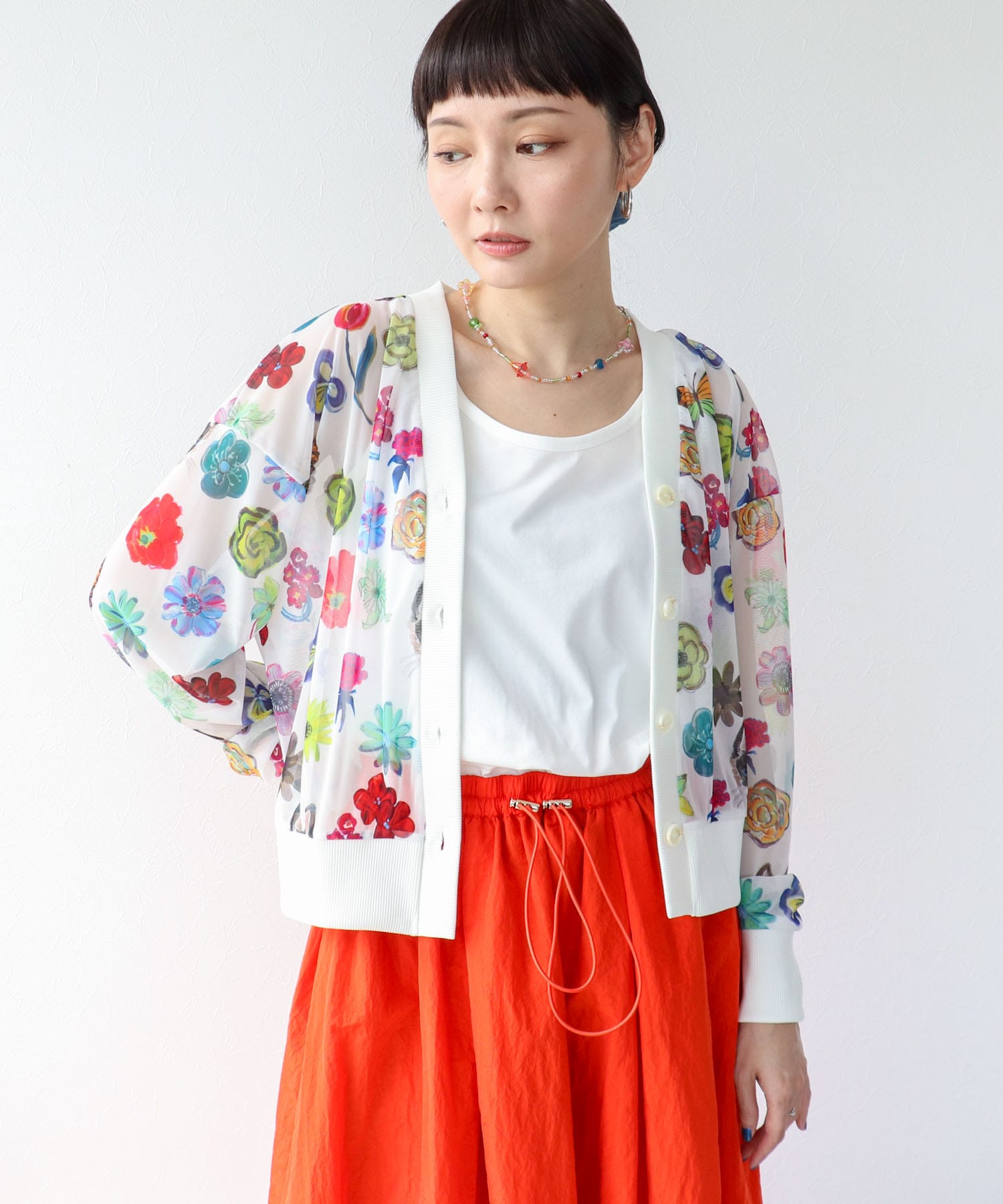 【バラ色の帽子コラボ】プリントシアーカーディガン