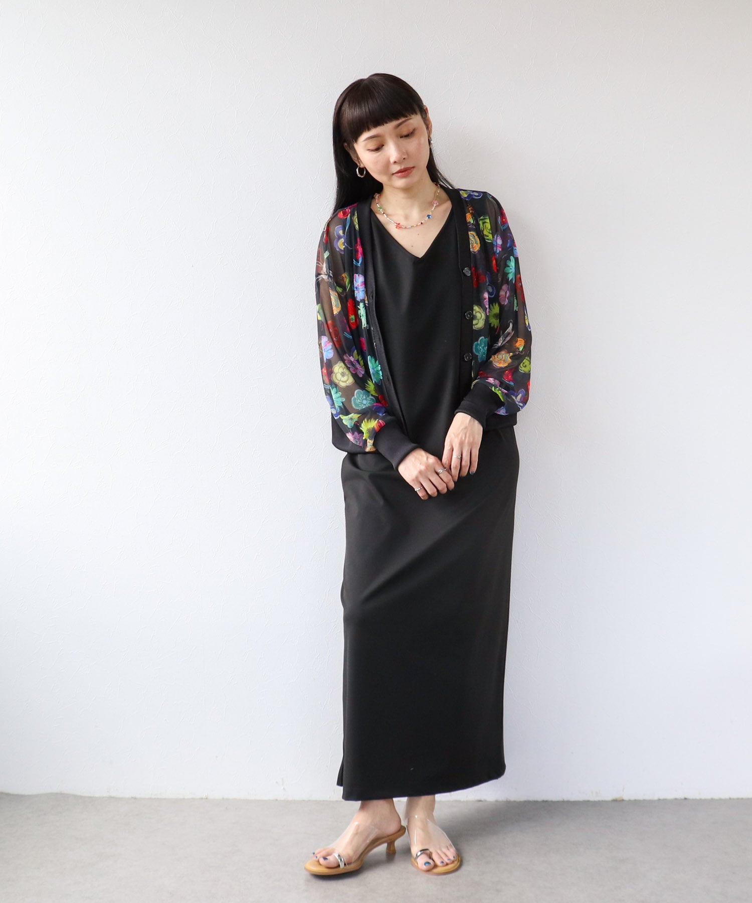 【バラ色の帽子コラボ】プリントシアーカーディガン