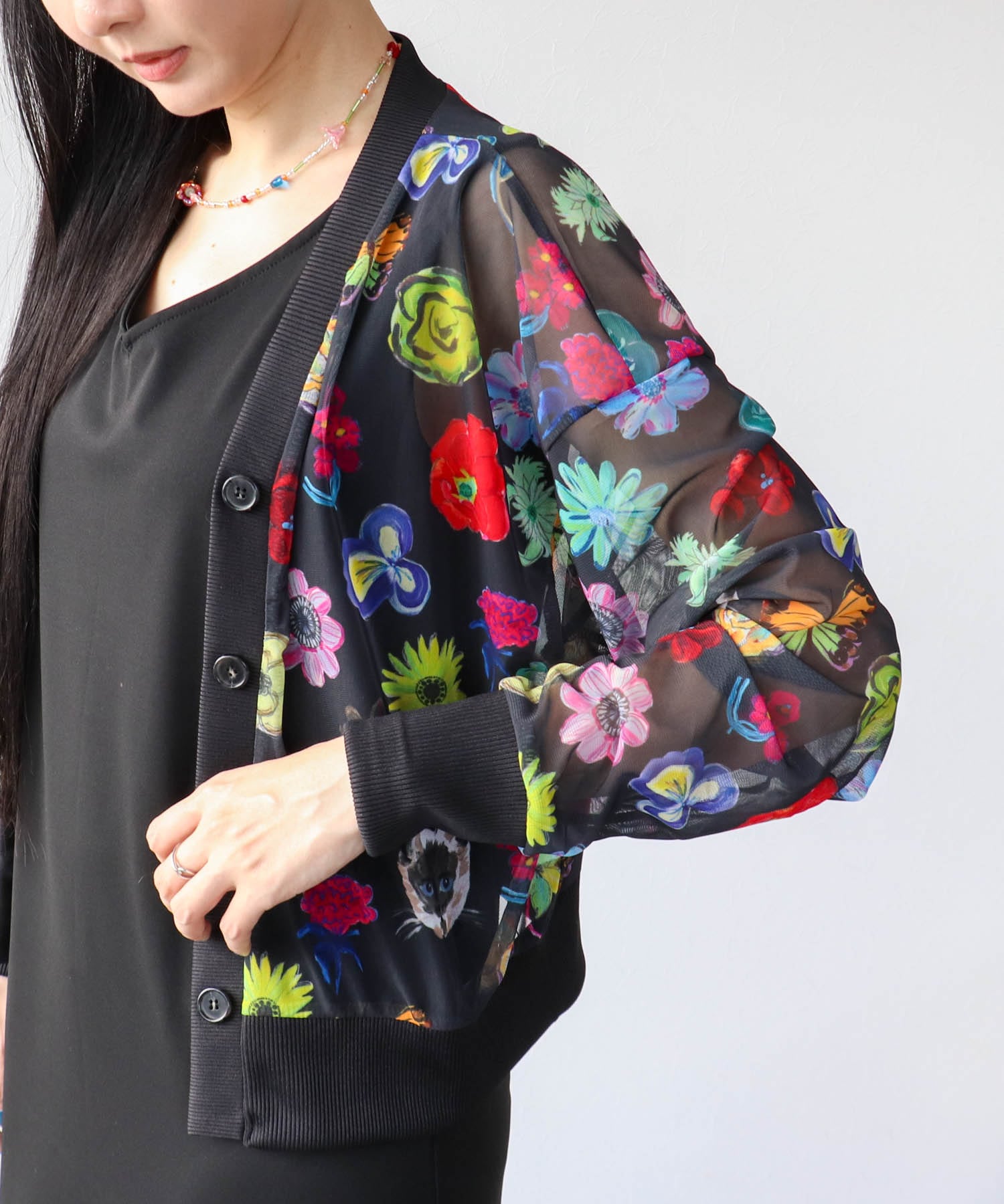 【バラ色の帽子コラボ】プリントシアーカーディガン