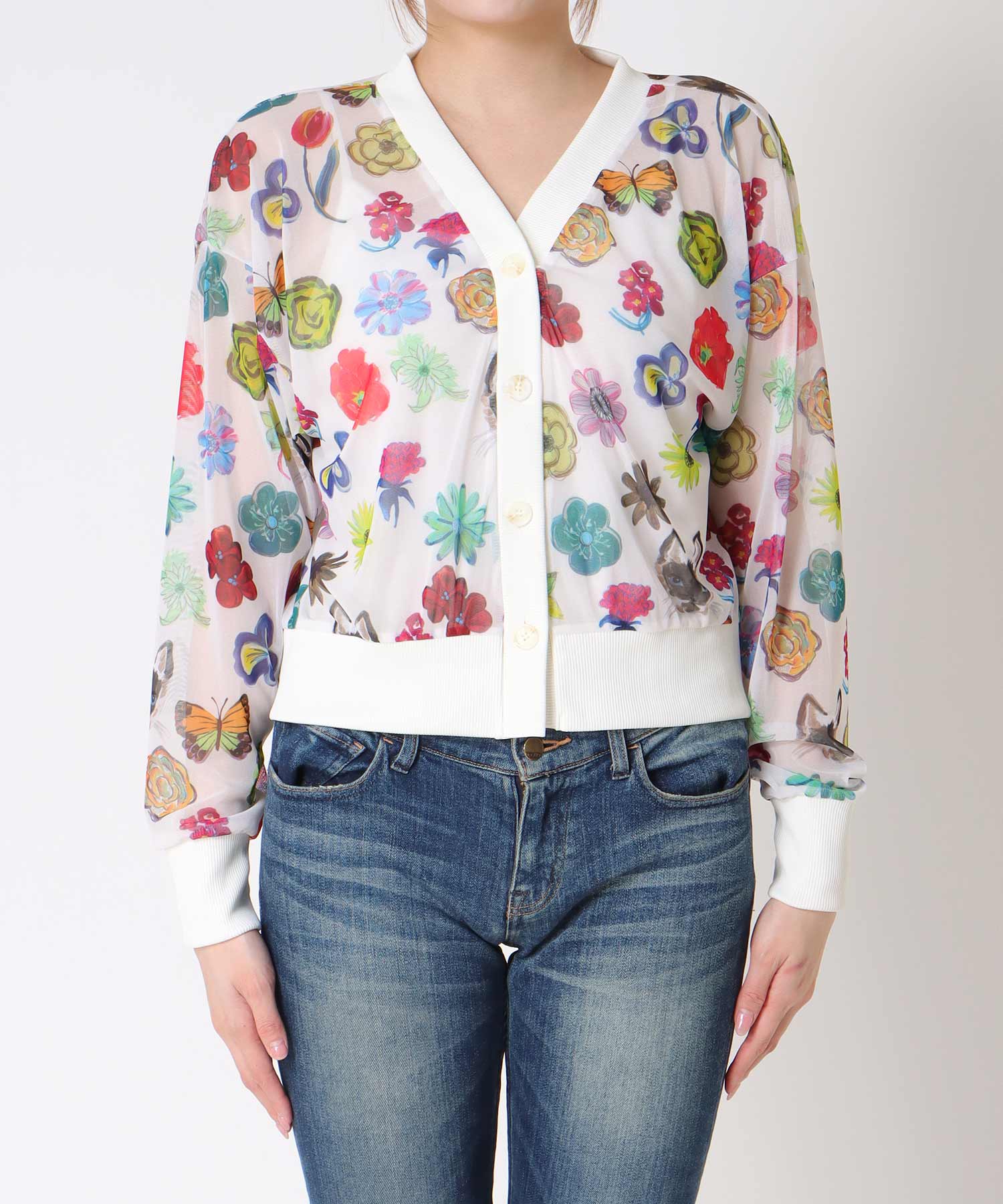 【バラ色の帽子コラボ】プリントシアーカーディガン